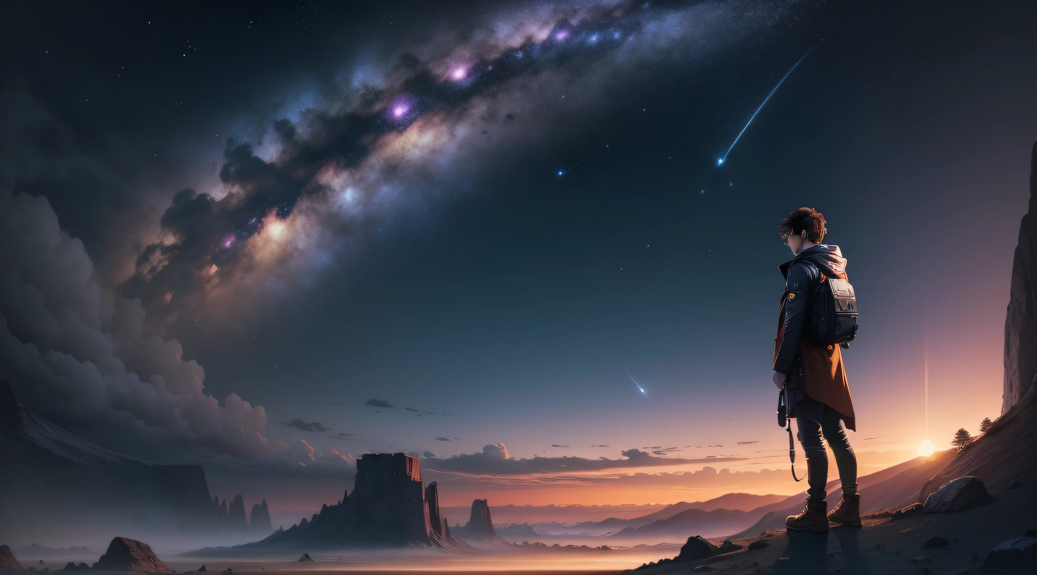 Expansive landscape photograph, (view from below with a view of the sky and wilderness below), a guy standing in a grass field looking up, 25 year old guy, short hair, black hair, glasses, ragged attire, (full moon: 1.2), (shooting star: 0.9), (nebula: 1.3), distant mountain, tree break production art, (warm light source: 1.2), (firefly: 1.2), lamp, purple and orange, intricate detail, volume lighting, realism break (masterpiece: 1.2) (Best Quality), 4K, Ultra-Detailed, (Dynamic Configuration: 1.4), Highly Detailed and Colorful Details, (Iridescent Colors: 1.2), (Glowing Lighting, Atmospheric Lighting), Dreamy, Magical, (Solo: 1.2)