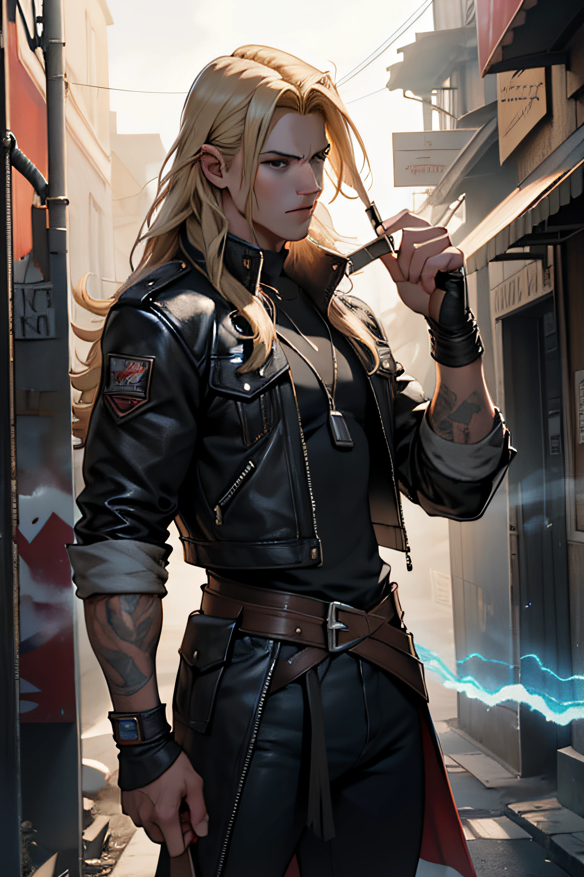 1 solo Thor com as roupas de Terry Bogard pretas, raios, thunder, thunder , cabelo blond, roupas pretas, vestes pretas, Nebula and smoke, black cloth, segurando raio, tempo fechado, tempo nublado, tempo escuro, cidade, raios ao redor