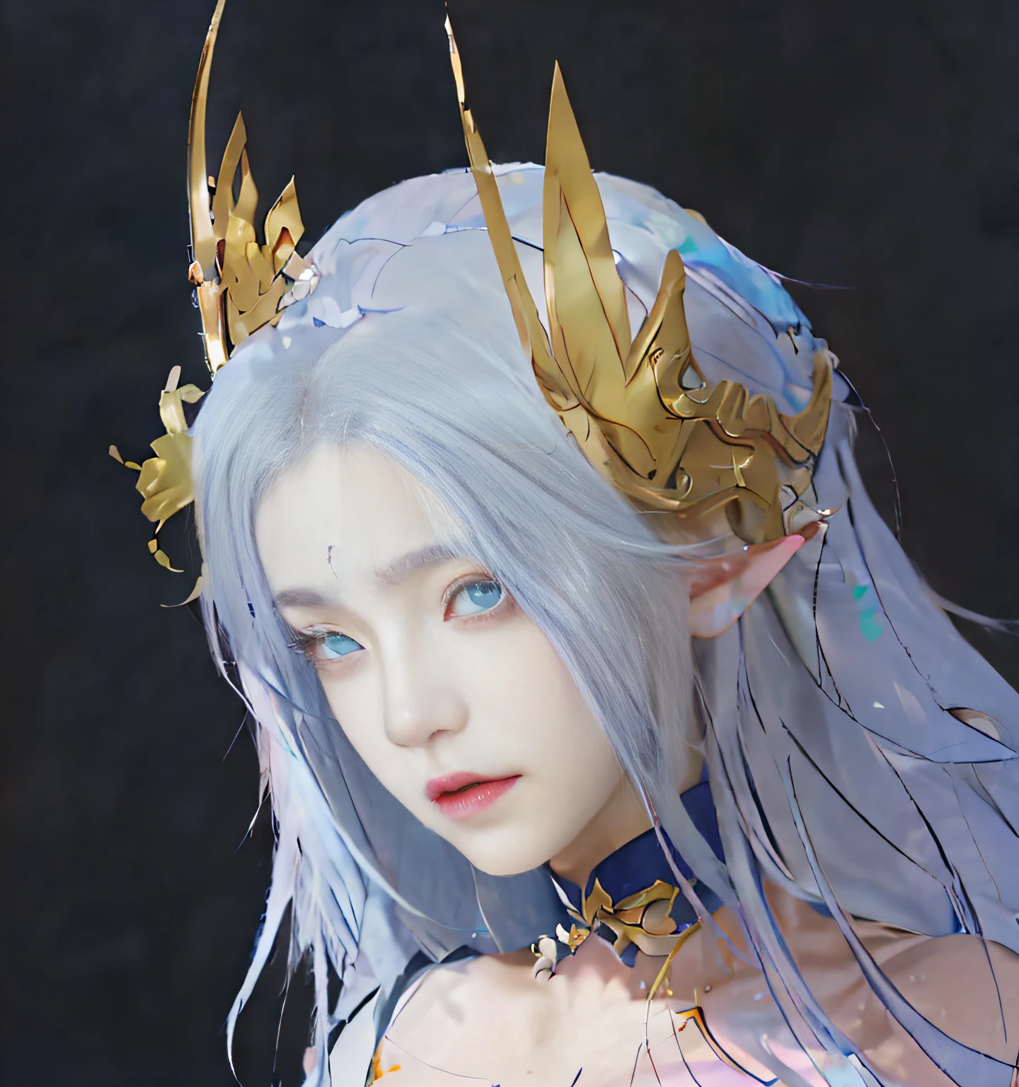 anime girl with blue hair and a crown on her head, portrait of an elf queen, close up character, she has elf ears and gold eyes, An elf queen, character close up, White-haired god, fairy queen, Close-up of people, line art in colour, hyper-detailed fantasy character, inspired by the senior character artist, discord pfp, character art closeup,Blue pupils,Exquisite facial features,