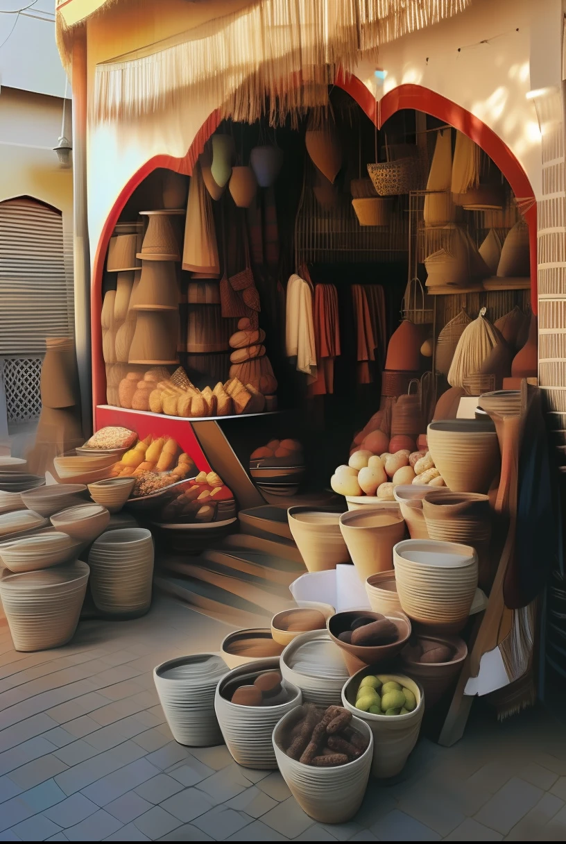Area with baskets and baskets of various types of items, Marrocos, marroquino, Inside an Arab market bazaar, crafts and souvenirs, Marrakech, Cidade Marroquina, mercado, bancas de mercado, market setting, middle eastern style vendors, Mercado de rua, imagem impressionante, 12th century apothecary shop, Os ecos vibrantes do mercado, Stand colorido do mercado, magical scene