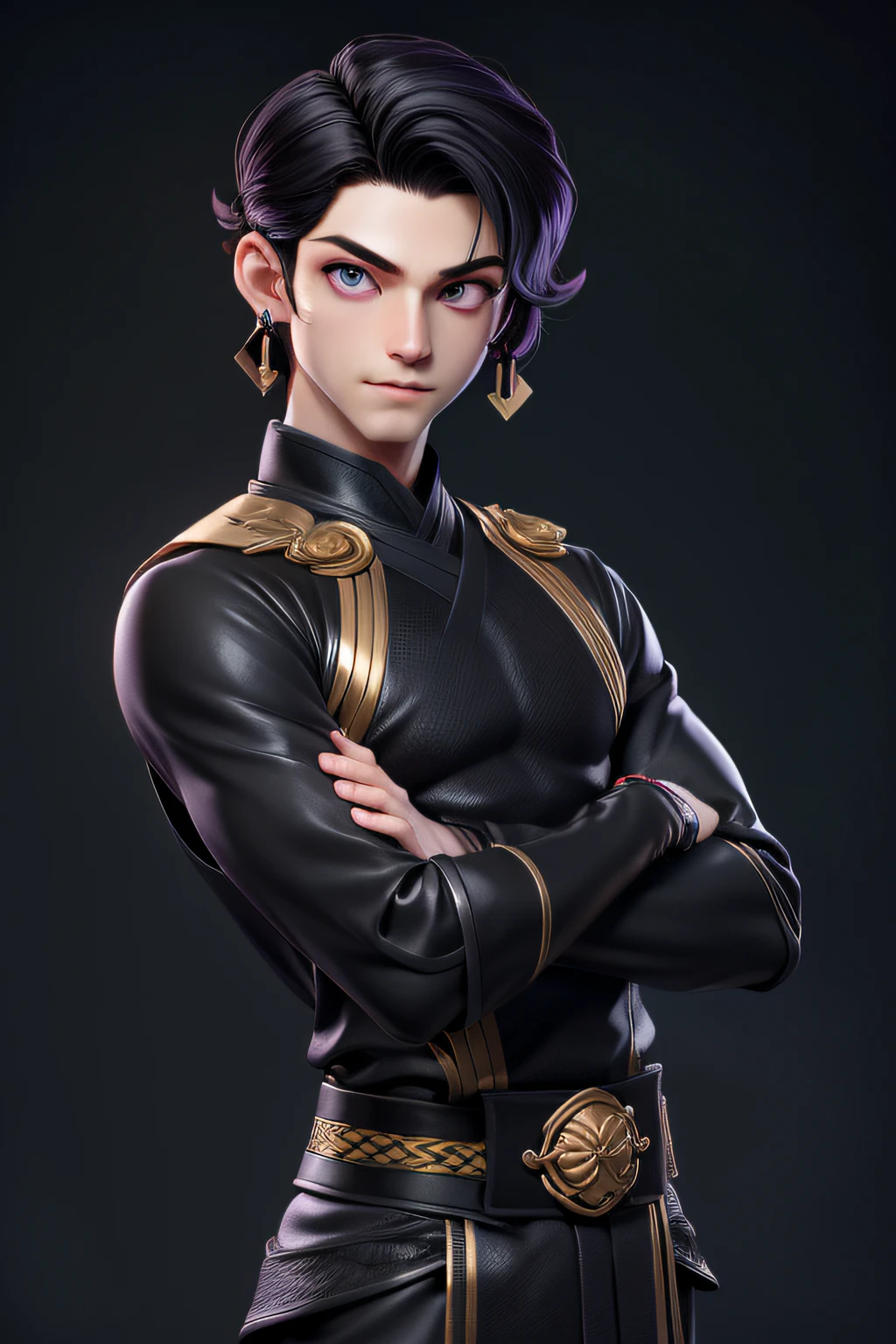 masterpiece, best quality, 1 boy, purple eyes, pale skin, black hair, wavy hair, short hair, gold earrings, japanese, black ninja clothes, simple background, solo, upper body