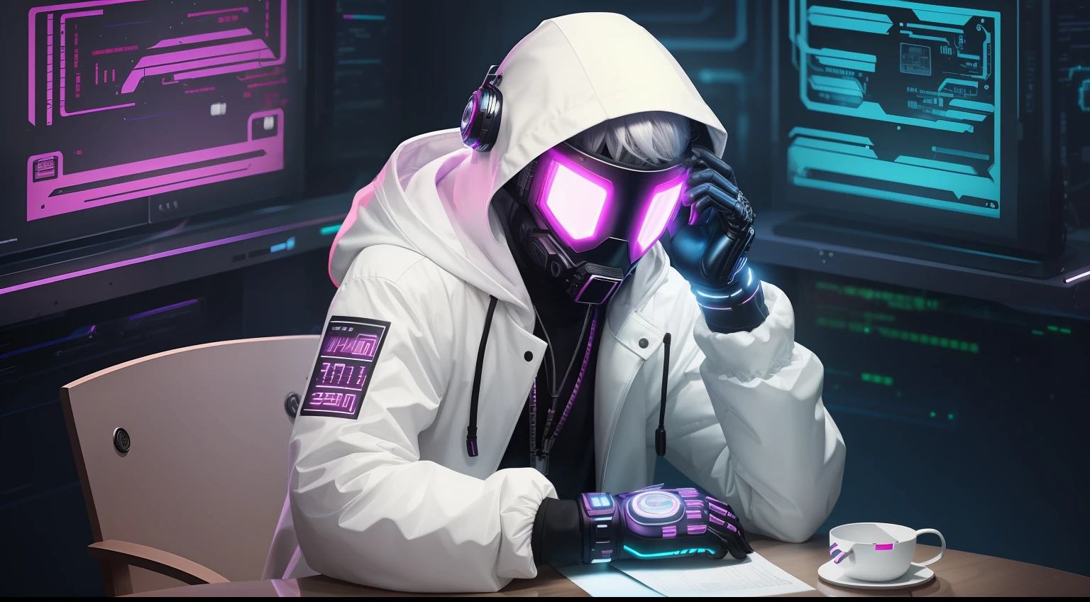 (awesome scene) Hooded boy in cybernetic LED medium hair mask with white hair belt in hair on table, It's as if he's on a podcast camera, located below the shoulder line, and a boy with a gloved hand on his chin and a cyber-punk-cyber-city background