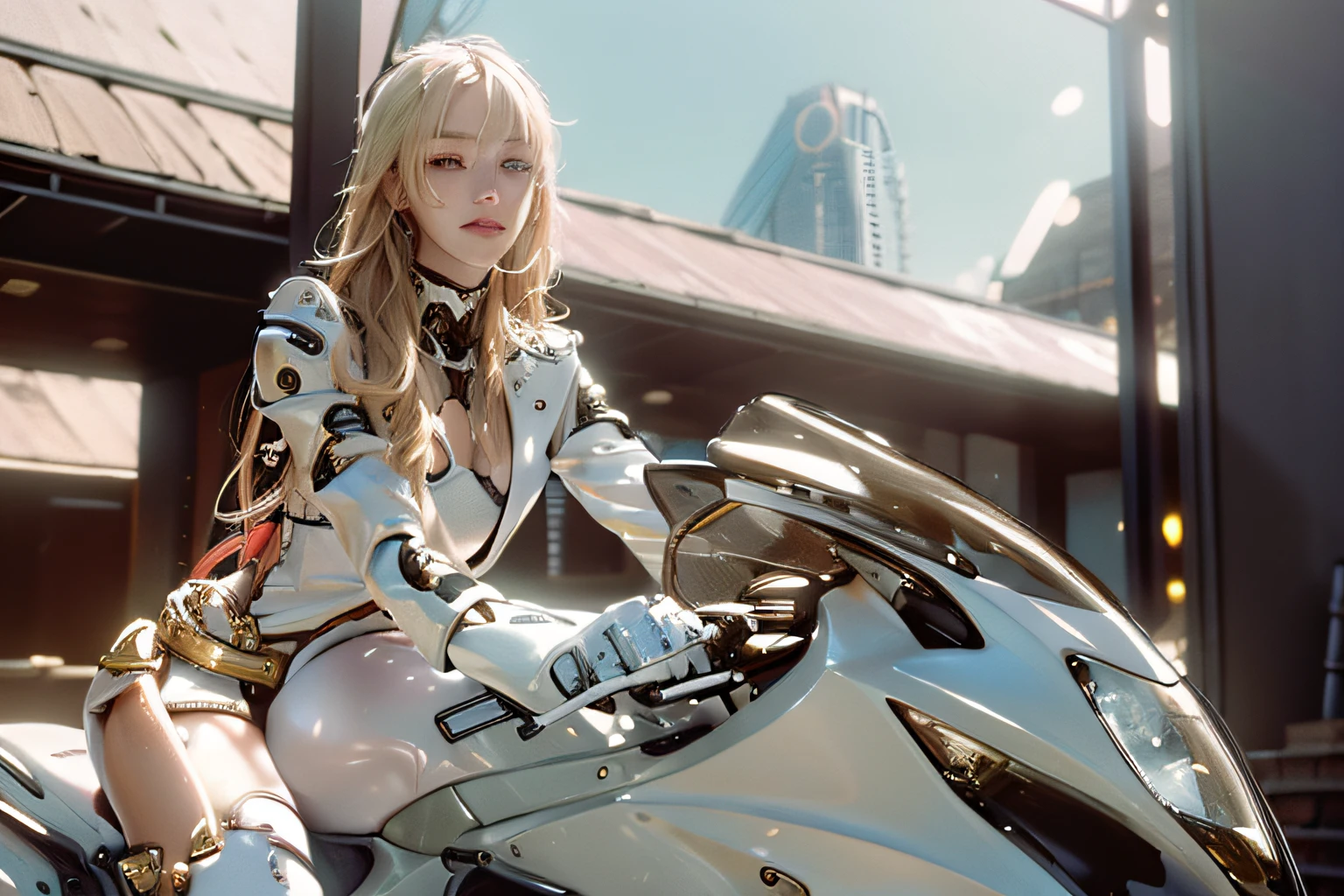 ((masterpiece)), ((best quality)), (ultra-detailed), ((high contrast)), (high saturation), (beautiful detailed eyes), ((an extremely delicate and beautiful)), (nice hands), ((perfect hands)), summer, outdoors, coast, rocky place, sandy beach, sea, girl riding a motorcycle, medium hair, blond hair, asymmetrical bangs, beautiful detailed glass hair, blue eyes, small breasts, mechanical suit, ((gloss body)), (very shiny body), clear parts, jewelry, ornaments, gorgeous, luxurious, fabulous, illuminations scattered all over the body, illumination shines, robort, cyborg, android, bodysuit, realistic, stereoscopic feeling, mecha musume, mechanical parts, super robot joints, full armor, headgear