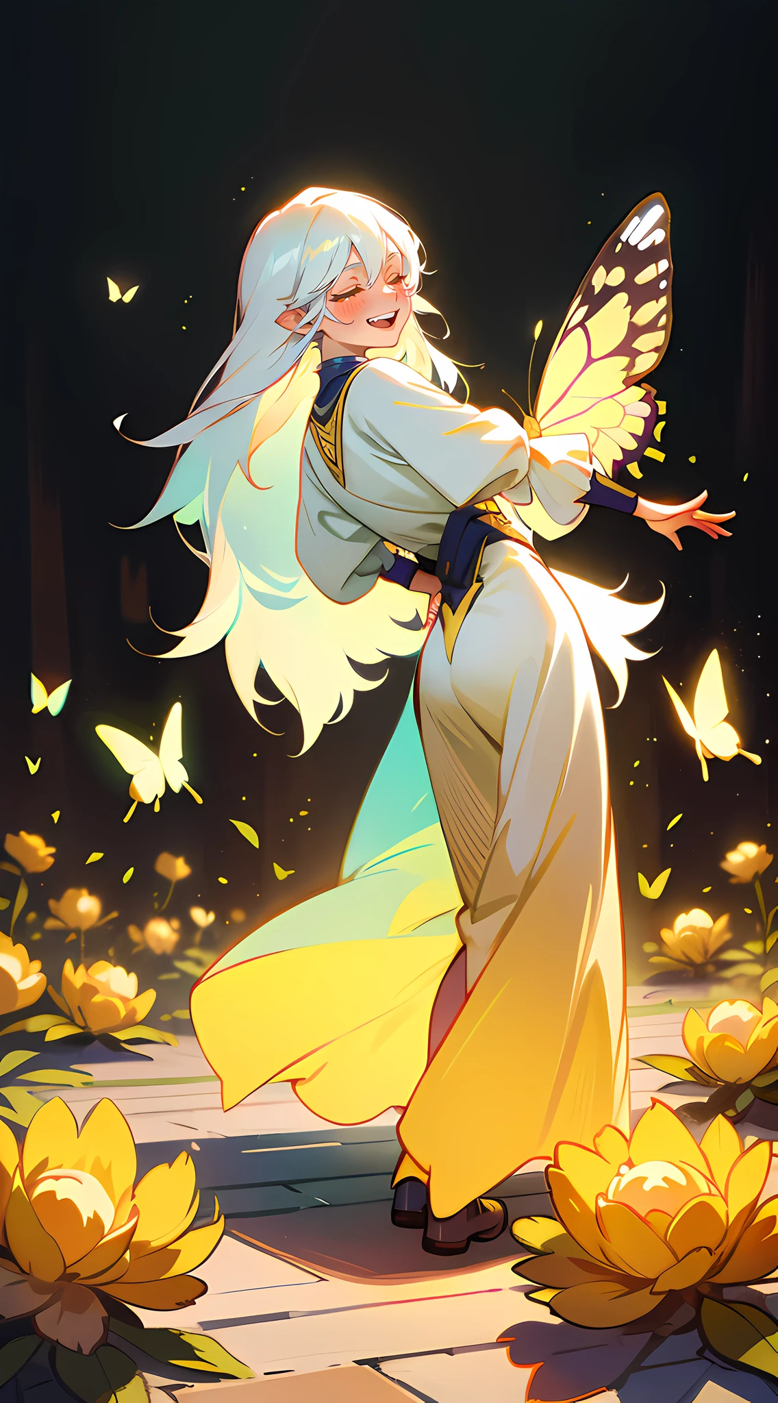 Fluorescent night,The girl with long white hair laughed and danced,butterflies surrounded,There are golden flowers on the ground