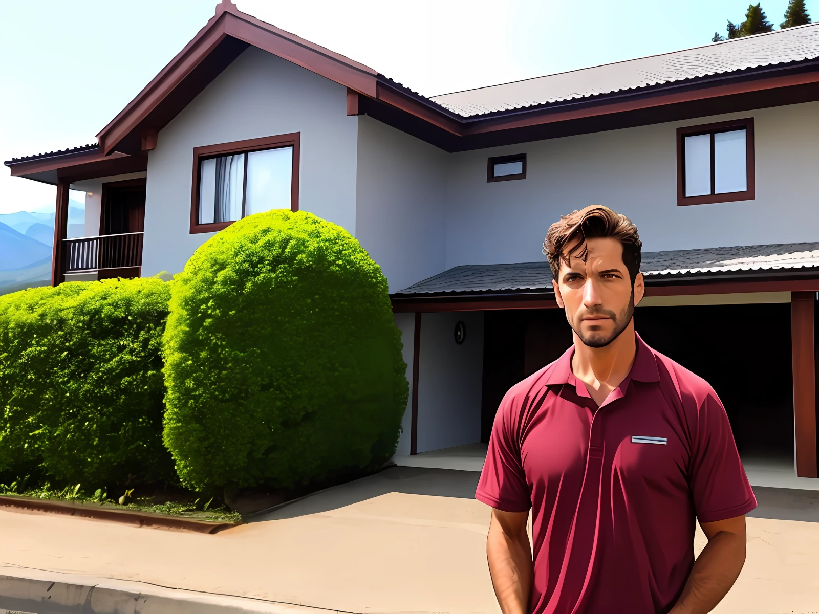 Homem em frente sua casa nas montanhas
