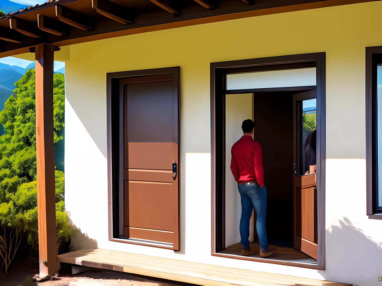 Homem em frente sua casa nas montanhas