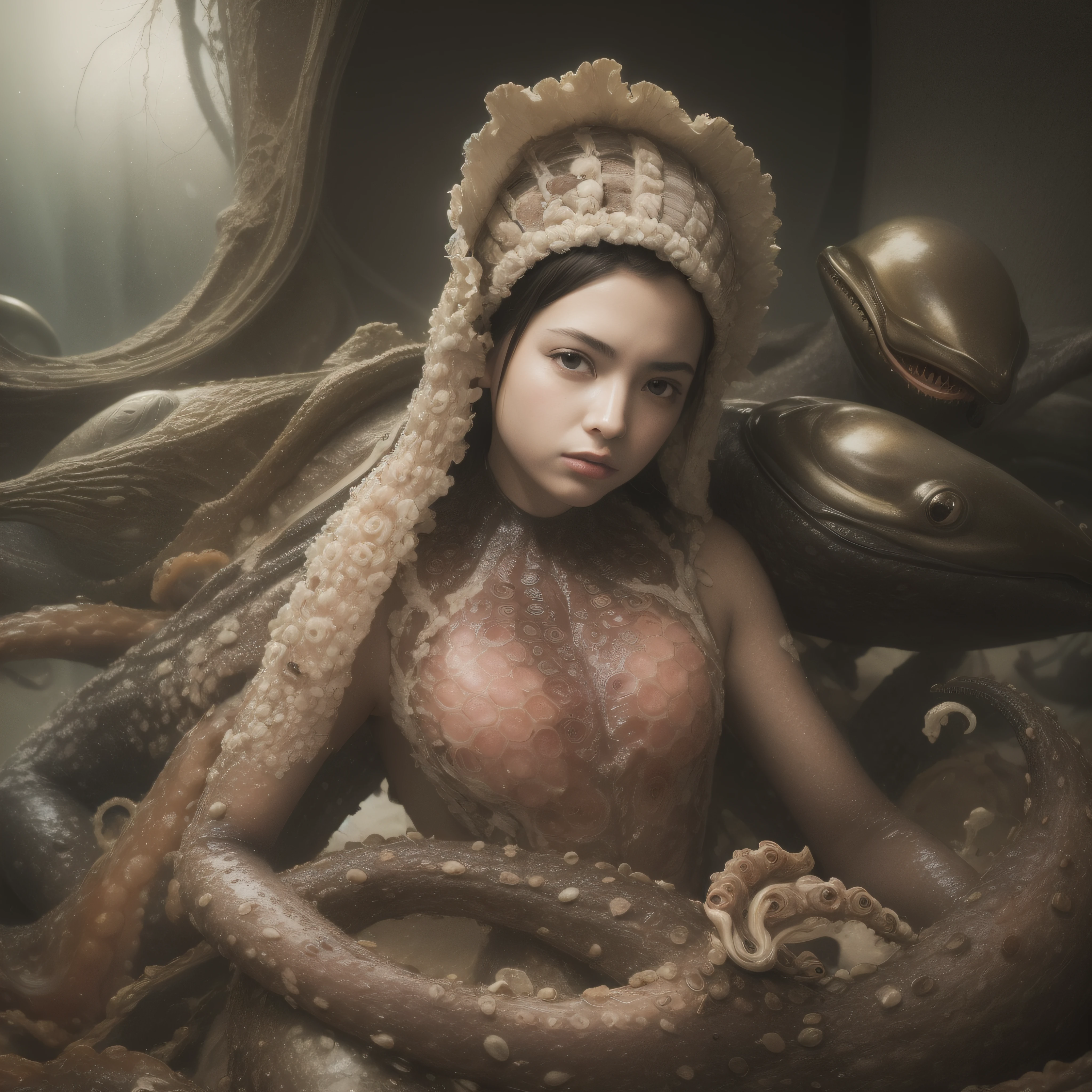 (extremadamente detallado, obra maestra, La mejor calidad), Estilo oscuro, intense illumination, rostro con arrugas, lengua larga, tentacle, deforme, monstruoso, interior de una piscina de agua verdosa, imagen submarina, alien con Colmillos finos, pico de pulpo amenazante. manchas de tinta. Rococo composition. Luz de caravaggio