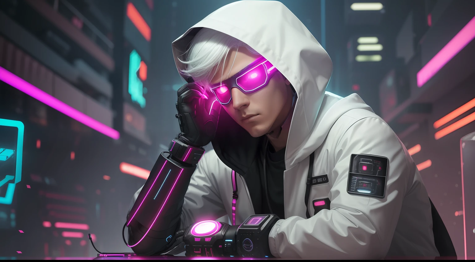 (awesome scene) Hooded boy in cybernetic LED medium hair mask with white hair belt in hair on table, It's as if he's on a podcast camera, located below the shoulder line, and a boy with a gloved hand on his chin and a cyber-punk-cyber-city background