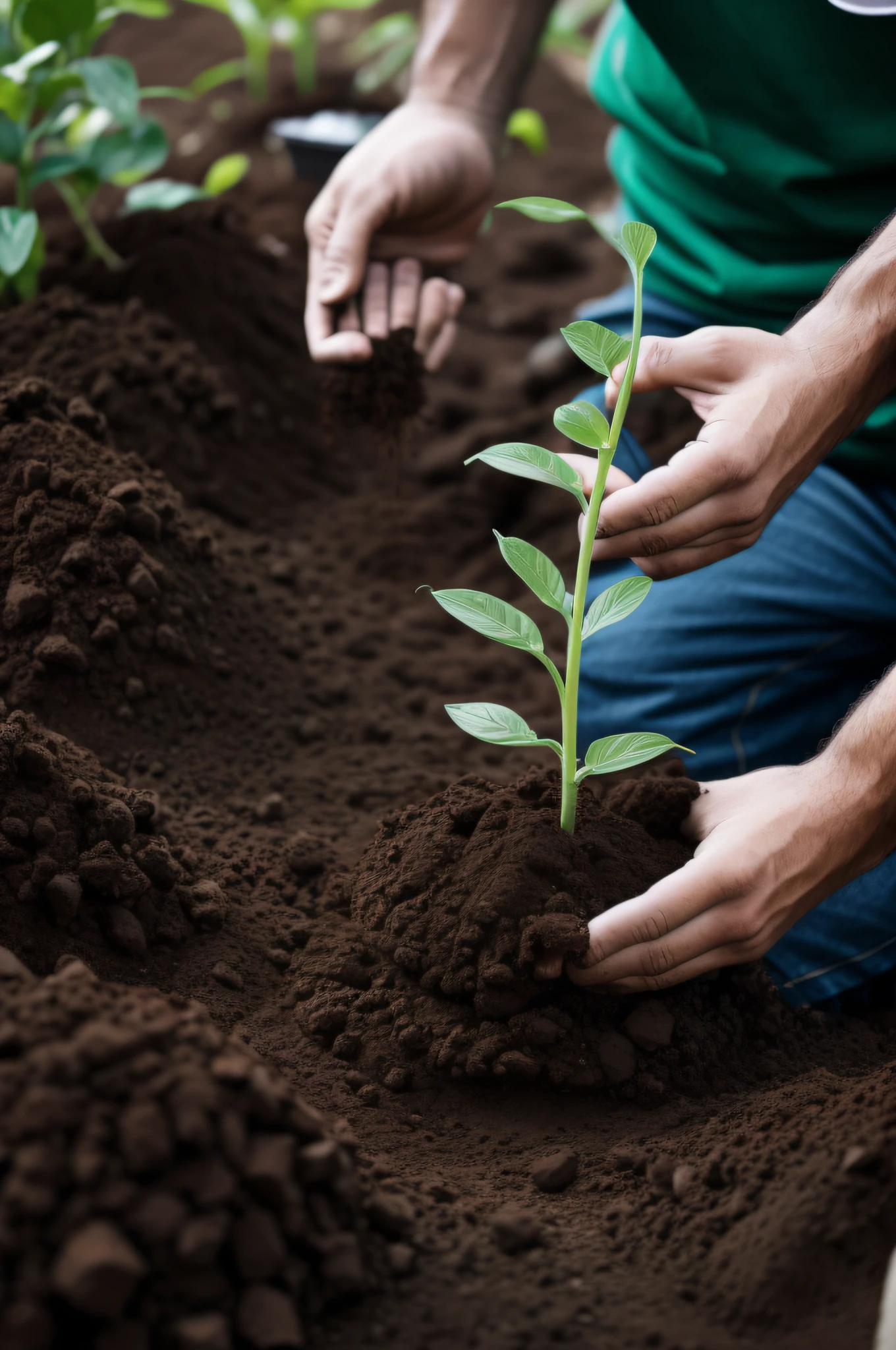 Medium shot of a volunteer's hands planting a plant with soil around it, you can't see the volunteer's face, only his hands and part of his body. Use a documentary style approach with a digital SLR, 35mm lens, ISO 400, f/5.6, and capture candid moments.