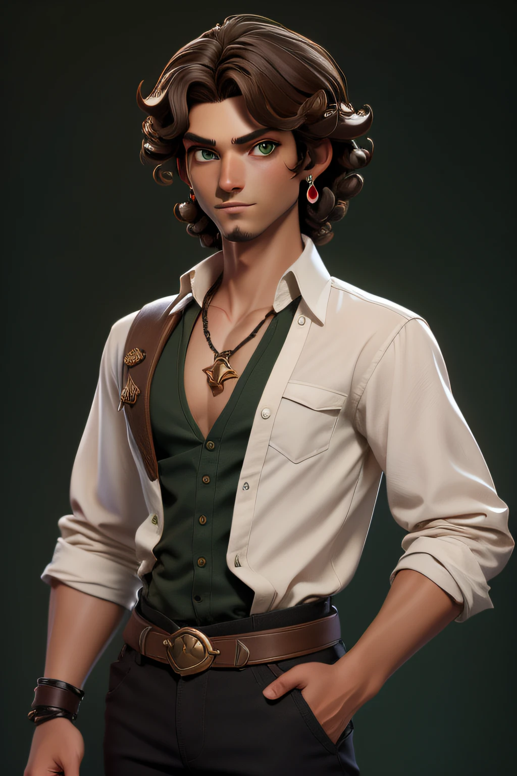 masterpiece, best quality, 1boy, green eyes, dark skin, brown hair, earrings, pirate, jewelry, looking at viewer, long shirt, short hair, simple background, solo, upper body, white shirt, curly hair