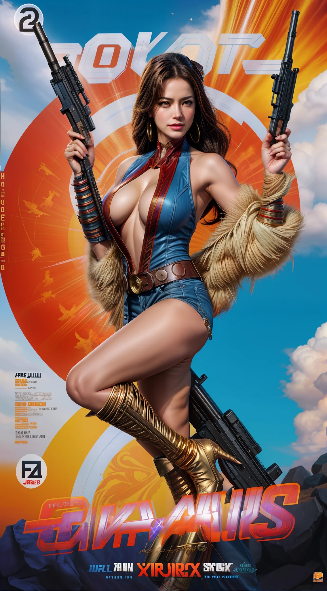 arafed poster of a sexy woman with guns in a movie, artgerm julie bell beeple, chris moore. artgerm, jean-sebastien rossbach, by Glenn Fabry, artgerm and gil elvgren, frank franzetta, portrait of modern darna, moebius + artgerm, cutesexyrobutts