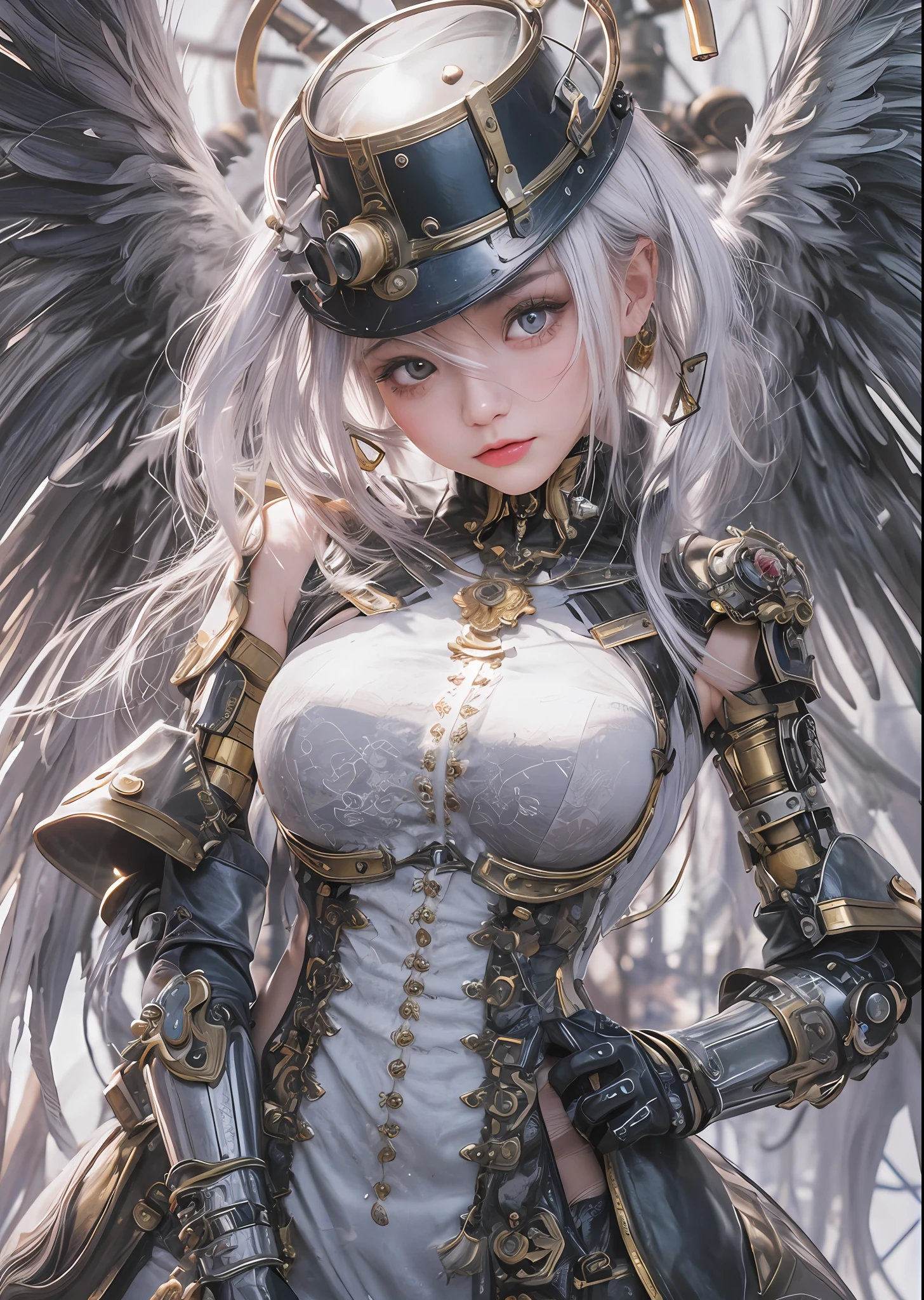 top-quality、masterpiece、超A high resolution、(Photorealsitic:1.4)、Raw photo、Steampunk Cyborg Angel、large wings made of metal、White porcelain body、Acrylic Clear Cover、white hair、glowy skin、1 steampunk girl、((super realistic details))、portlate、globalillumination、Shadow、octan render、8K、ultrasharp、character edge light,Colossal tits、Raw skin is exposed in cleavage、Details of complex ornaments、Steam engine details、Hydraulic cylinder、Small LED lamp、highly intricate detail、Realistic light、a purple eye、radiant eyes、Facing the camera、neon details、cowboy shot、Futuristic headgear、The background is a steampunk city、、