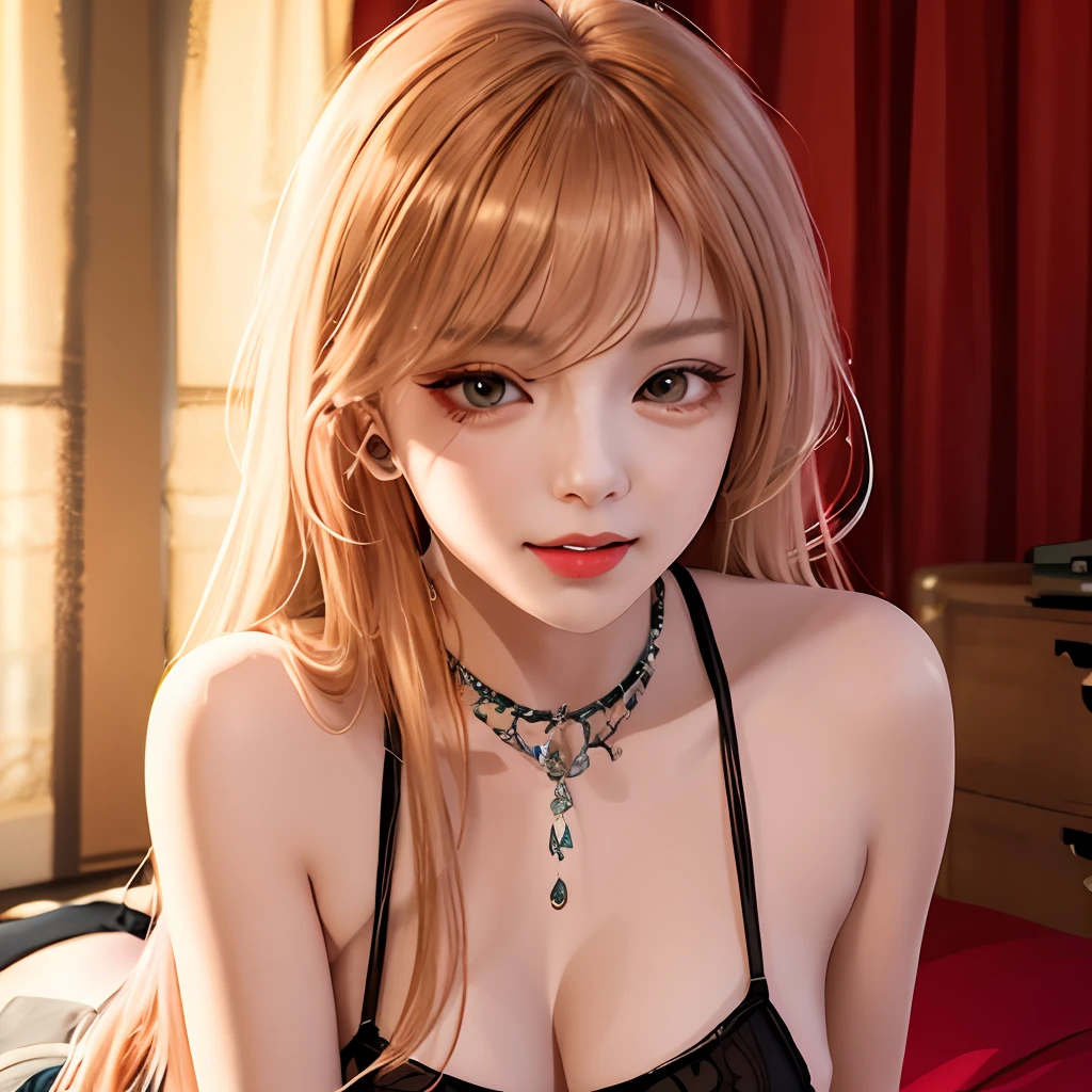 Sexy woman with no clothes sitting on bed with red curtains in black lingerie, seductive anime girls, beautiful and seductive anime woman, realistic anime artstyle, Realistic young anime girl, Smooth anime CG art, anime realism style, Realistic anime 3 D style, Digital anime art, Kawaii realistic portrait, Detailed digital anime art, [ 4 K digital art ]!!, beautiful alluring anime teen