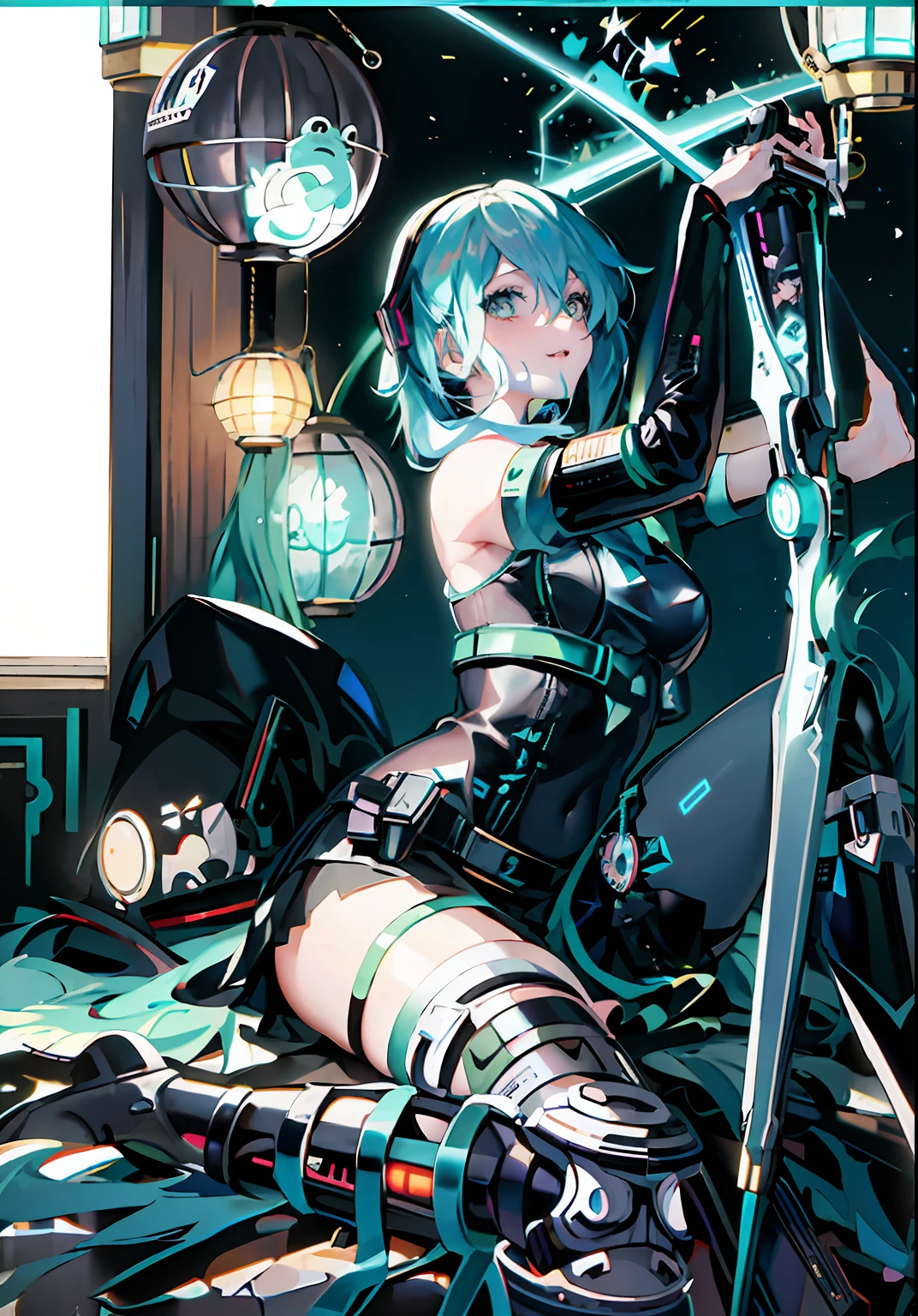 Anime girl with gun and lantern in hand，anime girl with long blue hair and a white shirt and black skirt, Hatsune Miku, Portrait of Hatsune Miku, Hatsune Miku short hair, vocaloid, hatsune miku portrait, Os amigos, mikudayo, Anime girl with teal hair, Hatsune Miku cosplay, hatsune miku face, style of anime4 K, An anime girl, attractive anime girls，The right leg is a hollow prosthesis