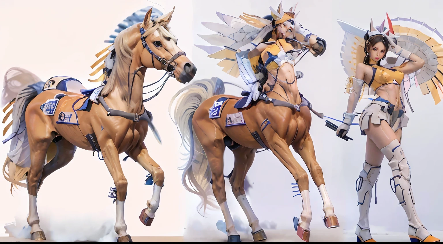 A female centaur，She is famous in the multiverse，She is both a female centaur, half human, half horse, half horse，It is also a female Yingzhao。She blends both images，The first is the head of a horse/neck/Shoulder these parts，After feminization，The upper body transforms into a beautiful female human，Female, half-centaur, half-human, half-horse, half-human，The second is the waist of the horse/hason/gluteal/Legs feminine，Female half-horse with beautiful woman's，Chimer，It's like a female human wearing a half-horse-like costume and making a seamless chimera，This chimerization is based on powerful futuristic technology。The ultra-wide-angle lens captures the image of her sleek and ethereal wings charging and leaping on the ionosphere。Her front half is distinctly feminine，Tall sexy body，Has K cup teardrop-shaped giant tit chest，It has a small man's waist butterfly spanning long legs，The half-horse part of the hind body，Embedded interface in the front half of the body hip position。The horse-shaped, half-horse torso form of her back body is completely female and humanized。A sexy bent dog-style shaped ribcage embedded in the lower back position of the beautiful woman's body from the upper end of the sternum/lower back/Ventral transverse。Then there are the sexy beauty's upright hips，Her entire body has been completely feminized，Including the half-horse part。Mechanized armor covers the legs with knee-shaped anti-joints and feet，And these parts are highly anthropomorphic，This makes her legs graceful and slender，Her four horse legs exploded in length proportions and was slender and toned，Under the legs are skinny white feet dressed in Skyscraper Heels，Use Midjourney's advanced stroke tools and color palettes, as well as texture packs, model packs, and texture tools，Concentration，Femaleize all parts of her original equine physiologic appearance，And give these parts an ergonomic appearance，Fine treatment of the thoracic and abdominal cavity of the posterior body，As well as hips and