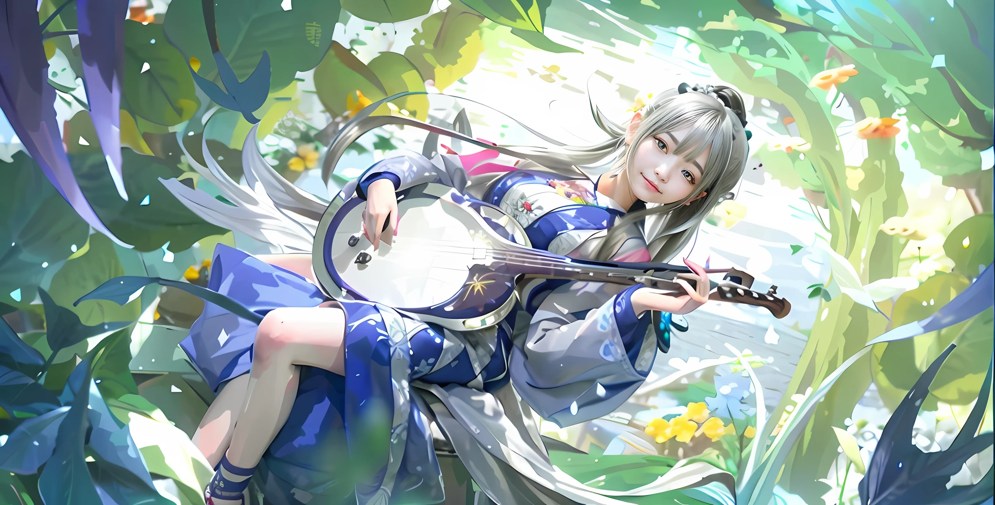 (Silver-haired girl holding a guzheng, There are birds and butterflies around)