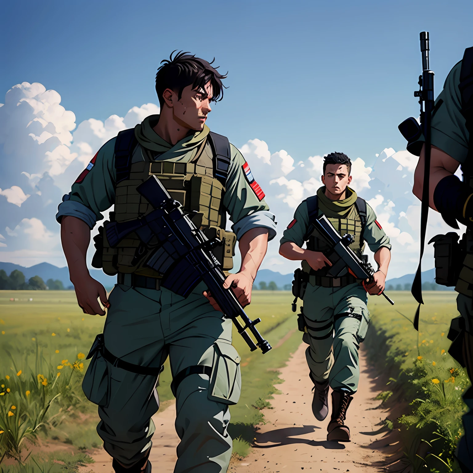 Heavily armed soldiers stand in an open field，Strong physique，Rough face，Short black hair，run，There are traumas of various sizes on the body，A bloody bandage wrapped around his arm