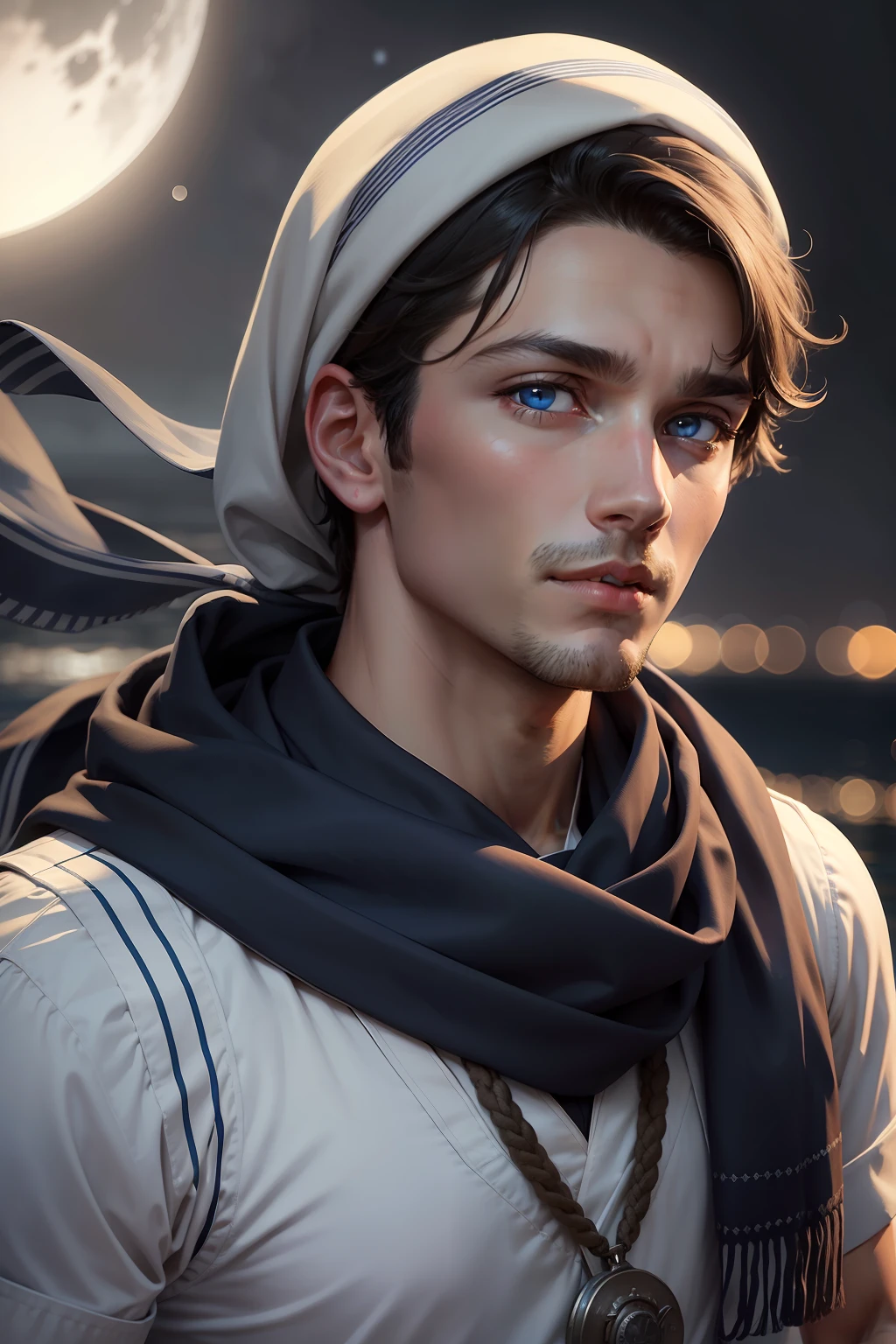 upper body portrait photo of a male sailor, wearing scarf, looking upwards, (bokeh:0.7), sidelight, (clean face in detail:0.7), telephoto, moonlit, torchlit, atmosphere, oceanic night exterior, realistic, stylish, fashion, perfect upper body, blue eyes, white skin, intricate details, true skin texture