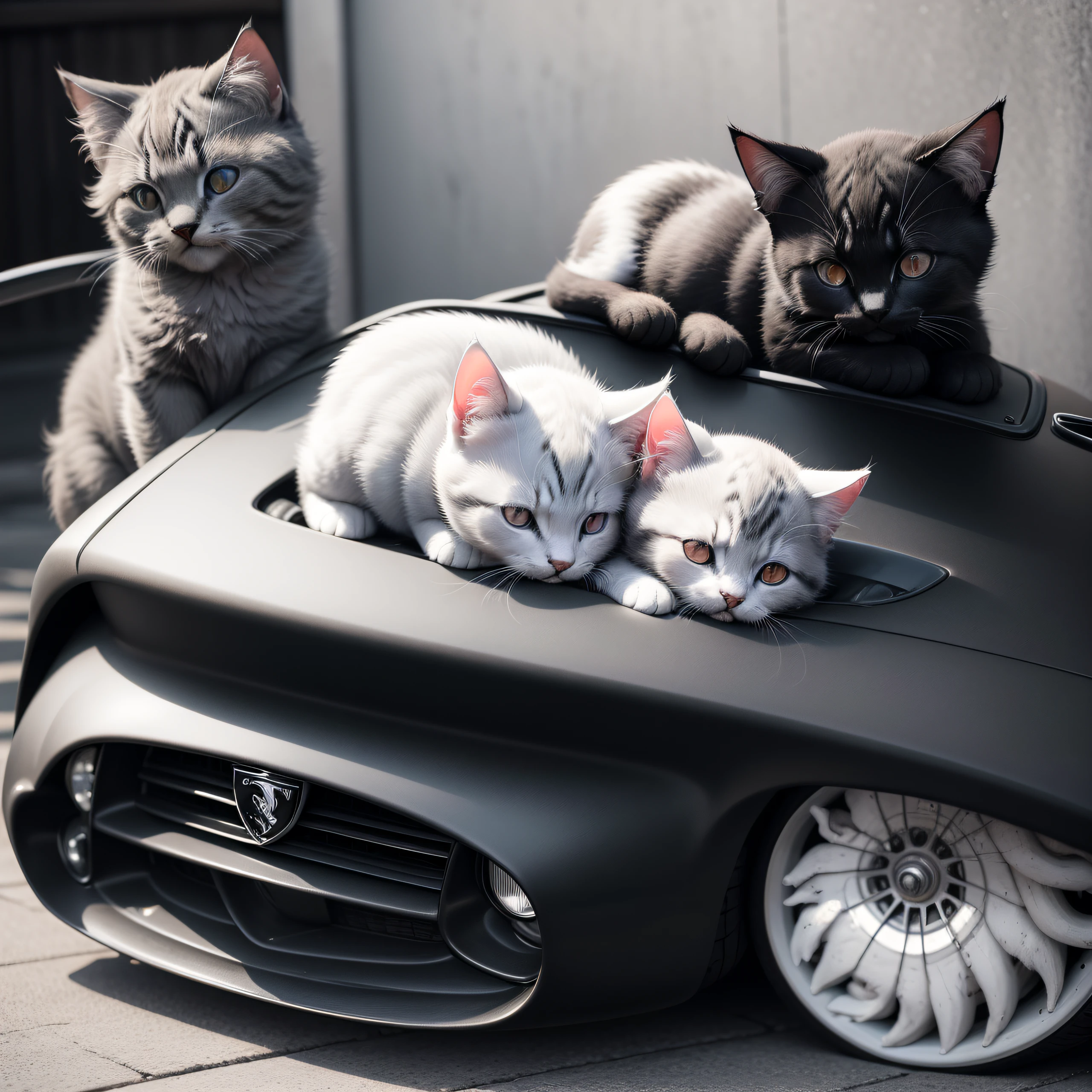 Black and white and charcoal soft bristles、Three kittens、Basking、On the hood of a wine-red Enzo Ferrari