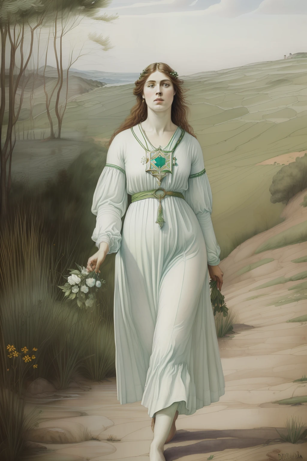 ervas de cura. (((Pre-Raphaelite painting de um druida celta de branco colhendo ervas na beira de uma fonte de cura, medic, ervas de cura, white and green tunic, curandeiro)))