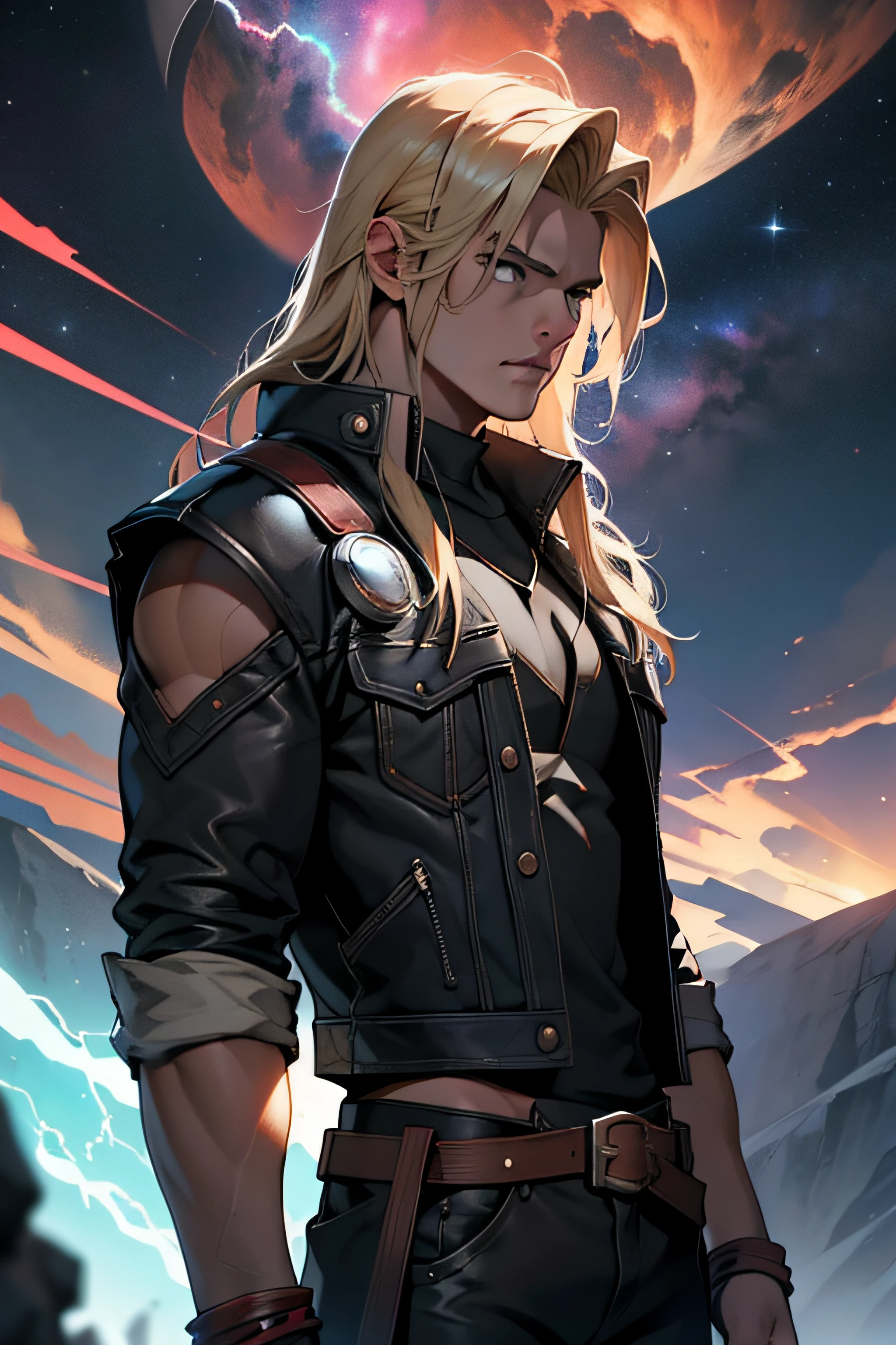 1 solo Thor com as roupas de Terry Bogard pretas, raios, thunder, thunder , cabelo blond, roupas pretas, vestes pretas, Nebula and smoke, black cloth, segurando raio, tempo fechado, tempo nublado, tempo escuro, cidade, raios ao redor