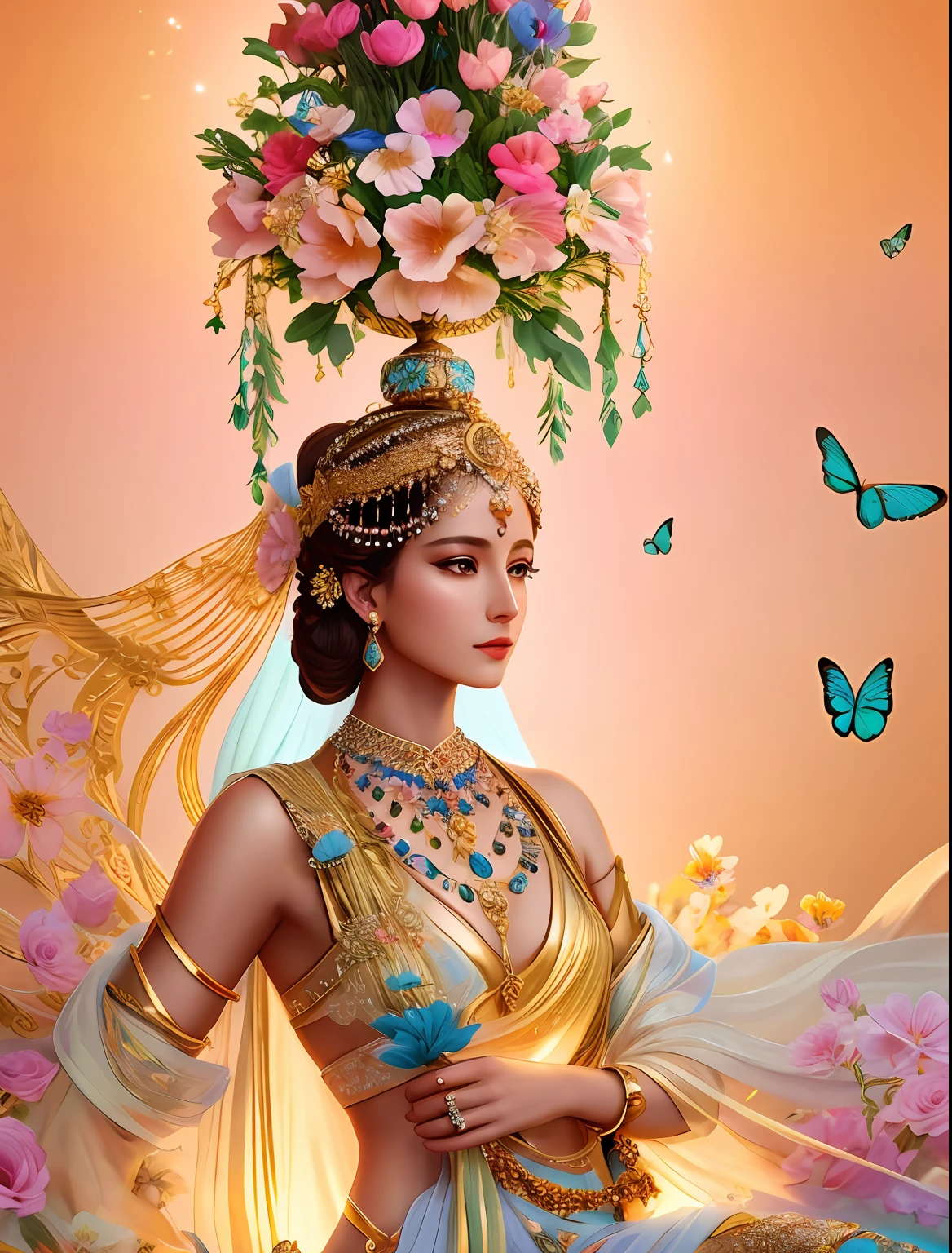 There are My Fair Lady,Fair smooth skin，flowers in full bloom，It is beautiful and delicate, Gold ornaments，Turquoise decoration，Various gemstones，No clothes，beautiful  flowers，Goddess. Extremely high detail, extremely detailed goddess shot, Extremely detailed flower goddess,Blue sky，The background of the character has a light rainbow aperture， hyper HD，psychedelic goddess, goddess art, Beautiful digital artwork, Beautiful goddess，tmasterpiece，4K，Realiy，photorealestic，professional photoshooting，超高分辨率，