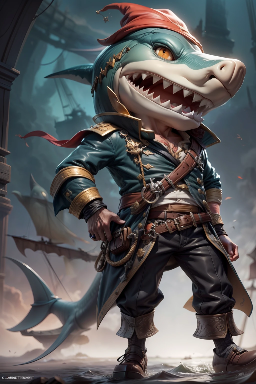 Concept 4: Shark Pirate
Description: A smirking anthropomorphic shark pirate captain at the helm of his ship. He has a tricorn hat over his fin and a cutlass clenched in his jaws.
Style: Dynamic Digital Painting
Artists: Wei Feng, Jaemin Kim
