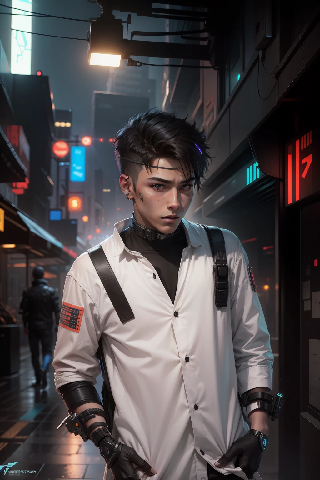 Change background cyberpunk handsame boy.Realistic face.