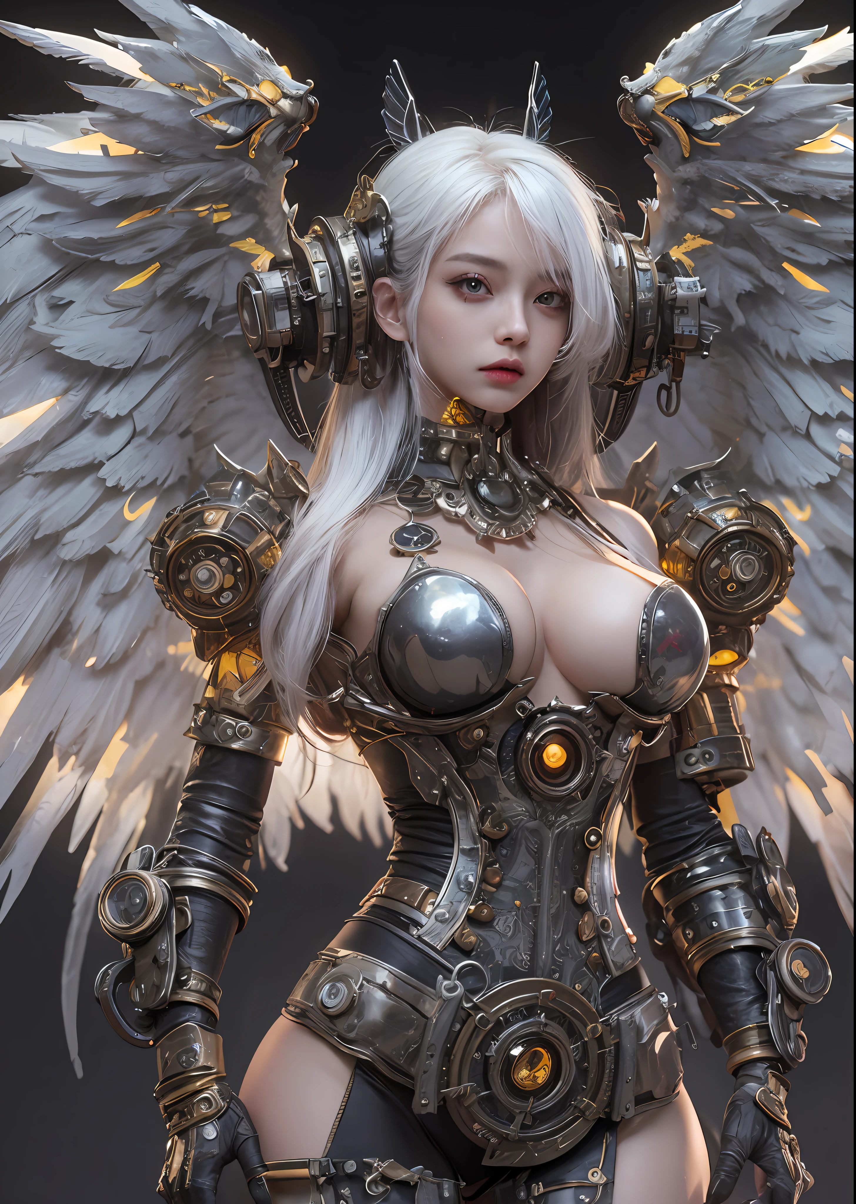 top-quality、​masterpiece、超A high resolution、(Photorealsitic:1.4)、Raw photo、Steampunk Cyborg Angel、large wings made of metal、White porcelain body、Acrylic Clear Cover、white  hair、glowy skin、1 steampunk girl、((super realistic details))、portlate、globalillumination、Shadow、octan render、8K、ultrasharp、character edge light,Colossal tits、Raw skin is exposed in cleavage、Details of complex ornaments、Steam engine details、Hydraulic cylinder、Small LED lamp、highly intricate detail、Realistic light、a purple eye、radiant eyes、Facing the camera、neon details、cowboy  shot、Futuristic headgear、The background is a steampunk city、、