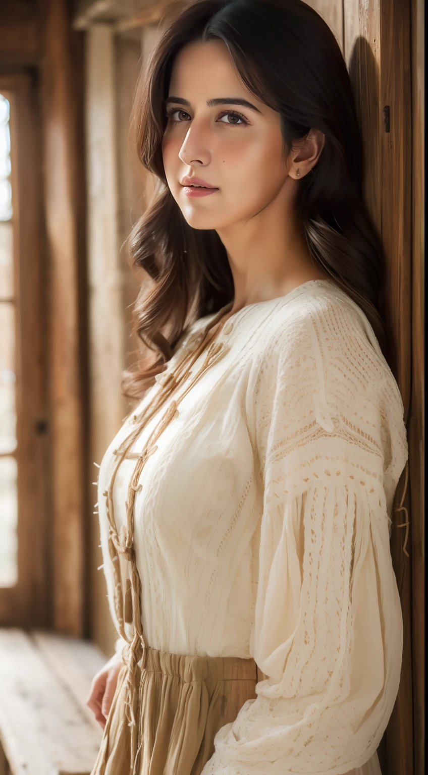 A beautiful woman ((Katrina kaif:1.2)) in (intricate Rustic Farmhouse Outfit)), sharp focus, Nikon Z 85mm, unparalleled masterpiece, ultra-realistic 8k photos, best quality, masterpiece, (photorealistic:1.2), (realistic:1.5), (hyperrealistic:1.2),(realistic human skin:1.6), (detailed clothes features), (High Quality: 1.2), Raw photo, (Perfect body shape), Uniform, Unobtrusive,