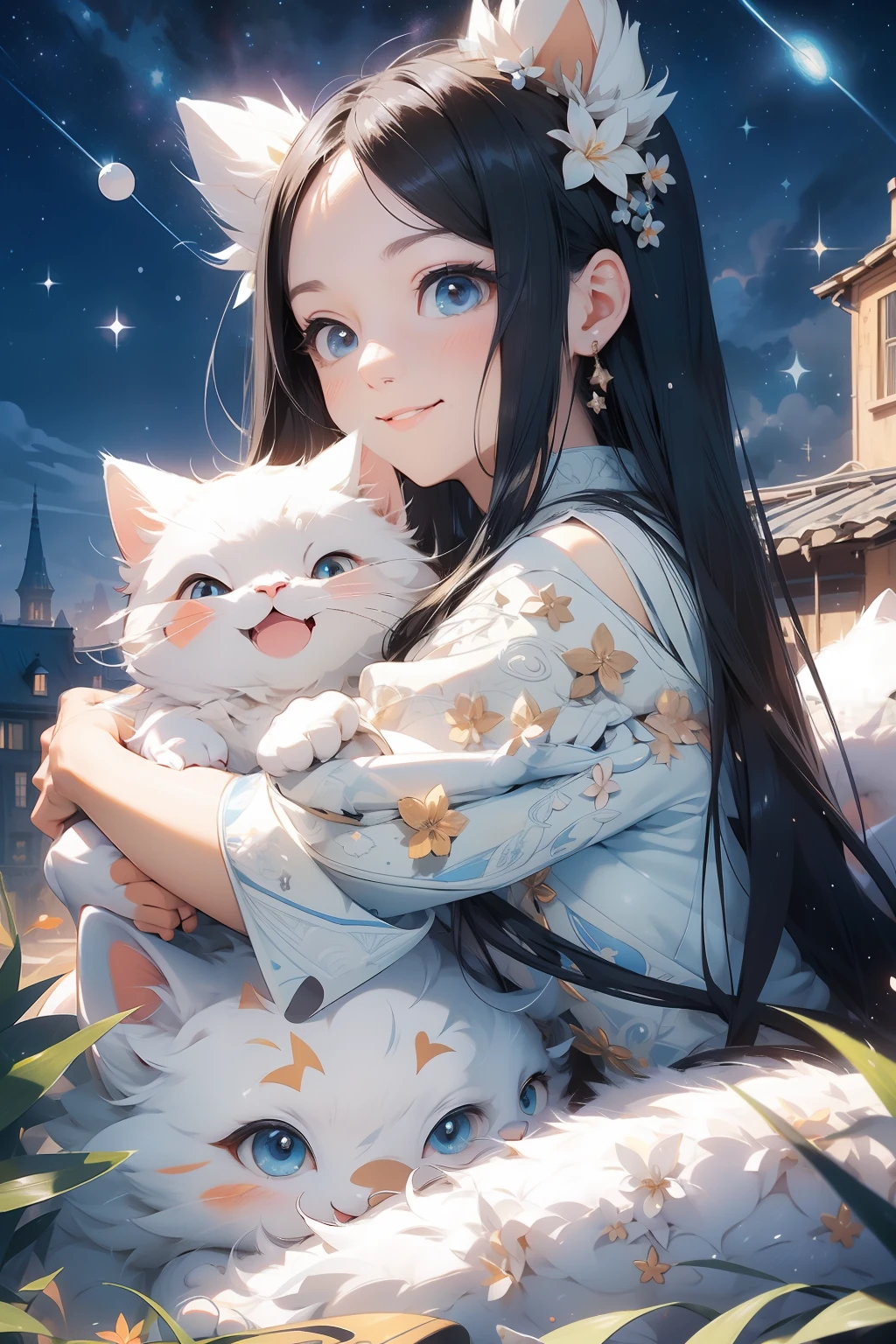 A beautiful girl with long black hair, Sit with a huge white cute cat, On the roof, Smiling, Blue T-shirt, Beautiful detailed face, Porcelain skin, Starry night, Milky Way, Intricate, elegant, Highly detailed, Photorealistic, art  stations, smooth