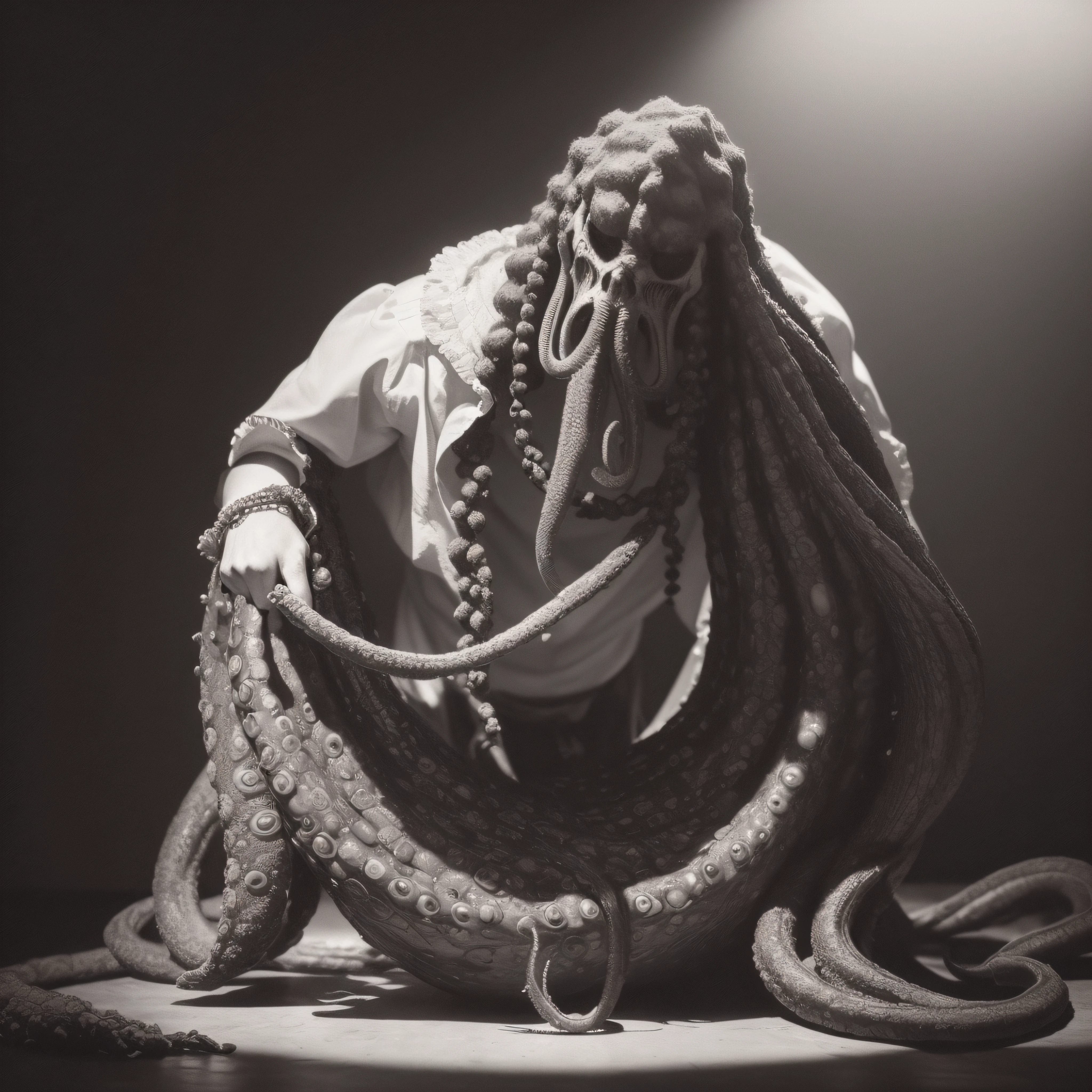 (extremadamente detallado, obra maestra, La mejor calidad), Estilo oscuro, intense illumination, rostro con arrugas, lengua larga, tentacle, deforme, monstruoso, interior de una piscina de agua verdosa, imagen submarina, alien con Colmillos finos, pico de pulpo amenazante. manchas de tinta. Rococo composition. Luz de caravaggio