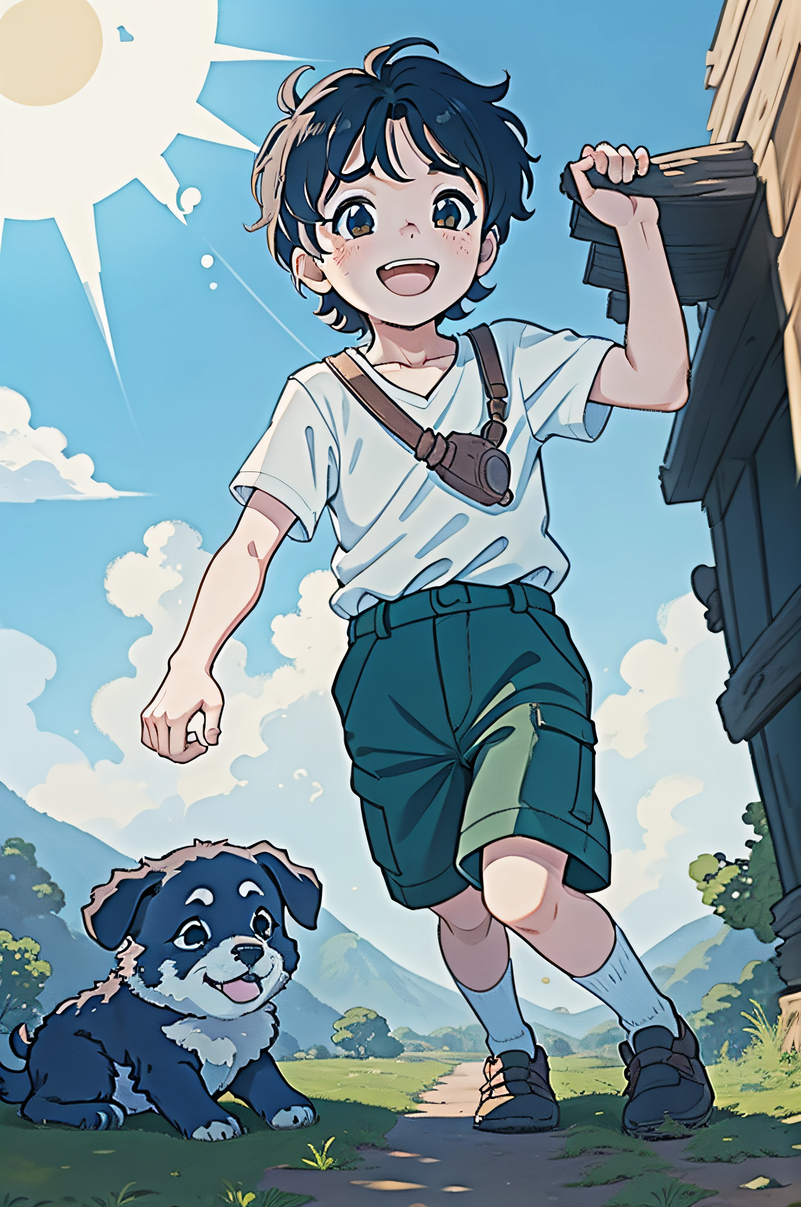 A 6-year-old boy，short detailed hair，Handsome and cute，Laugh happily，Accompanied by a cute puppy，enjoying，Blue sky in the distance，great outdoors，Simple art inspired by the visual style of Studio Ghibli,，and the sun was shining brightly，quadratic element，Best Masterpiece，Render the highest quality，8K，Guibli