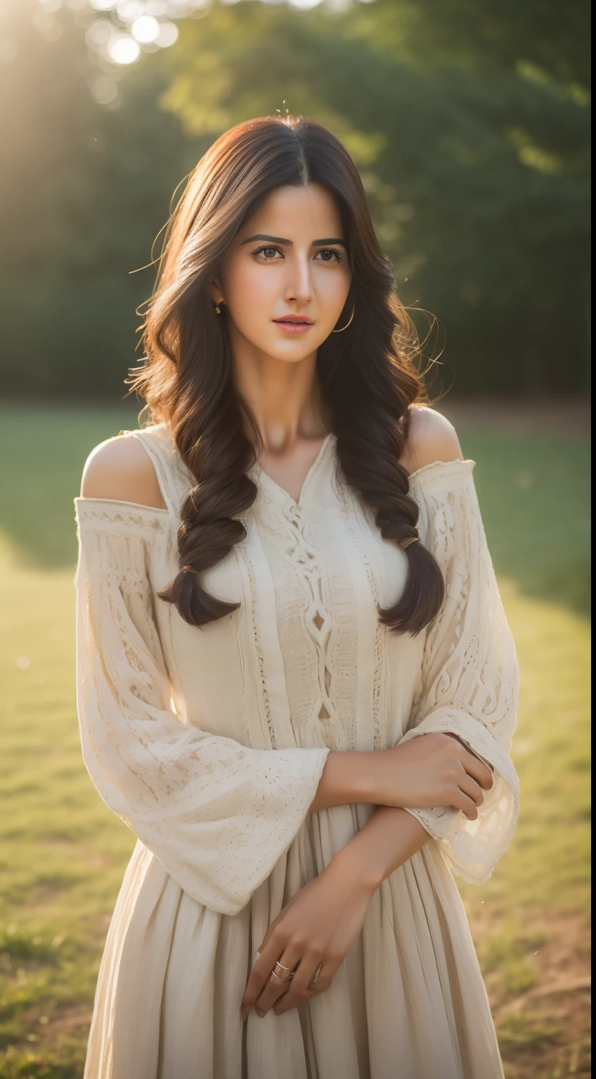 A beautiful woman ((Katrina kaif:1.2)) in (intricate Rustic Farmhouse Outfit)), sharp focus, Nikon Z 85mm, unparalleled masterpiece, ultra-realistic 8k photos, best quality, masterpiece, (photorealistic:1.2), (realistic:1.5), (hyperrealistic:1.2),(realistic human skin:1.6), (detailed clothes features), (High Quality: 1.2), Raw photo, (Perfect body shape), Uniform, Unobtrusive,