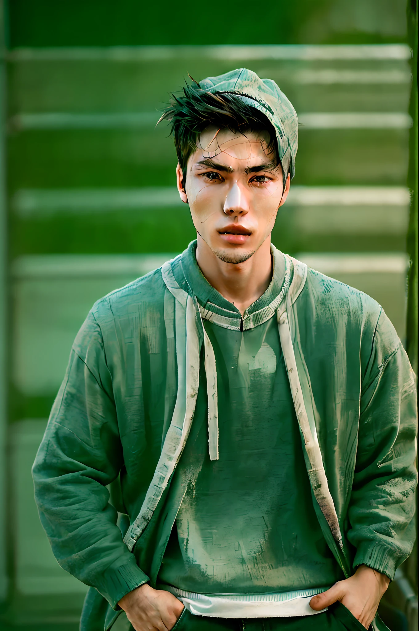 "young asian man in a modern urban setting with a confident expression and stylish clothing"
