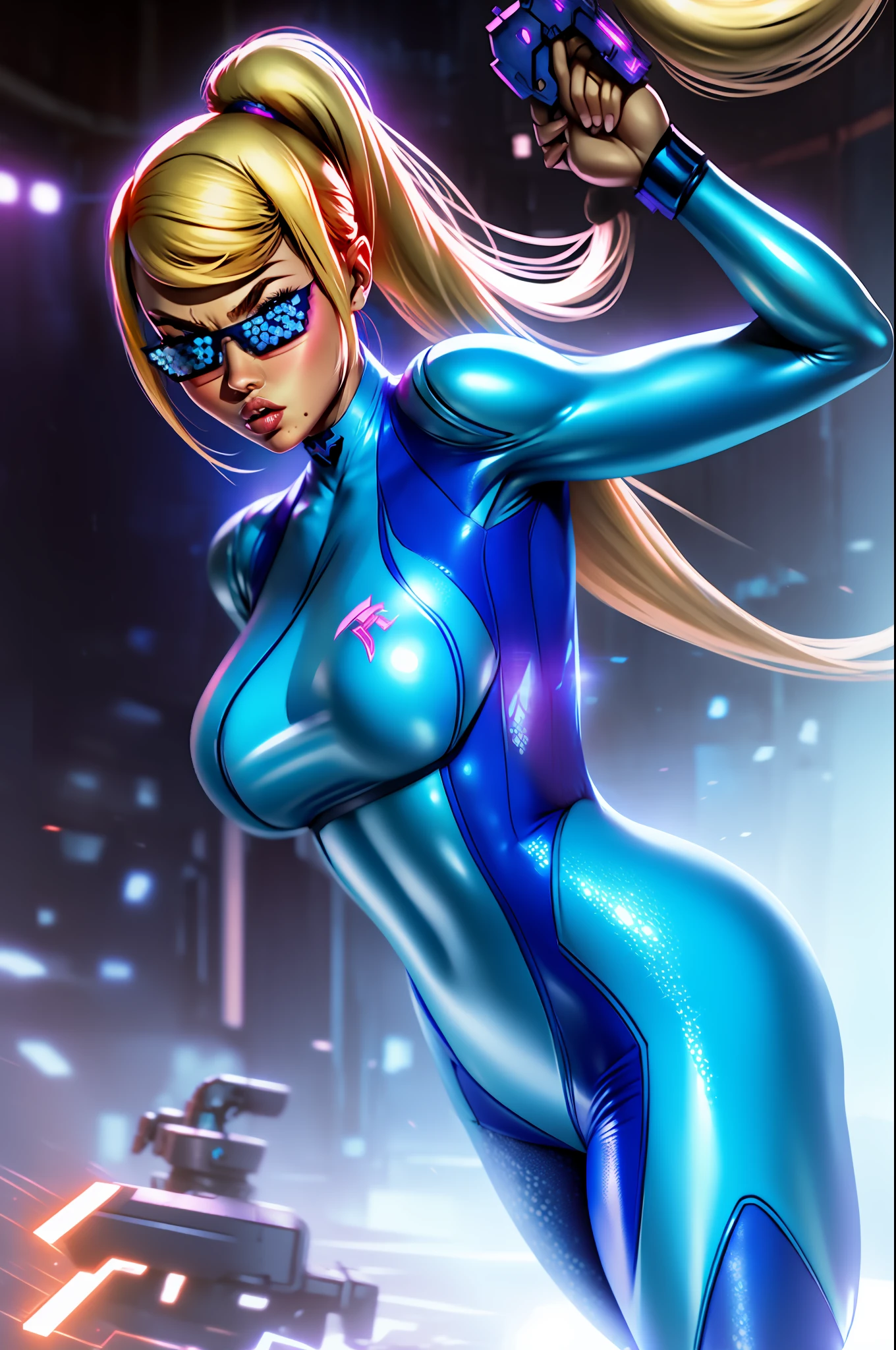 "A solo hip hop gangtsa shot featuring samus
mole
zero suit
blue eyes
ponytail
gun  showcasing her skill as a rapper.. badass on the mic spitting sick ass bars yo !" DealWithIt