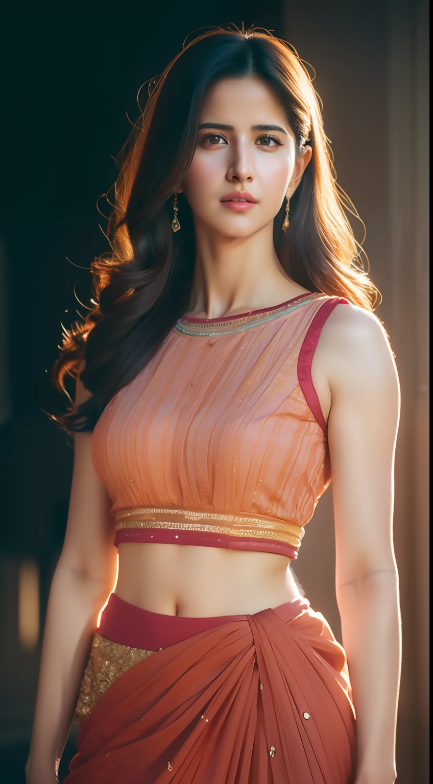 A beautiful woman ((Katrina kaif:1.2)) in intricate Bold and Bright Florals Outfit, sharp focus, Nikon Z 85mm, unparalleled masterpiece, ultra-realistic 8k photos, best quality, masterpiece, (photorealistic:1.2), (realistic:1.5), (hyperrealistic:1.2),(realistic human skin:1.6), (detailed clothes features), (High Quality: 1.2), Raw photo, (Perfect body shape), Uniform, Unobtrusive, Indian women, Asian women, Beautiful face, photorealistic, rim lighting, two-tone lighting, HDR, broad light, backlighting, bloom, light sparkles, chromatic aberration,