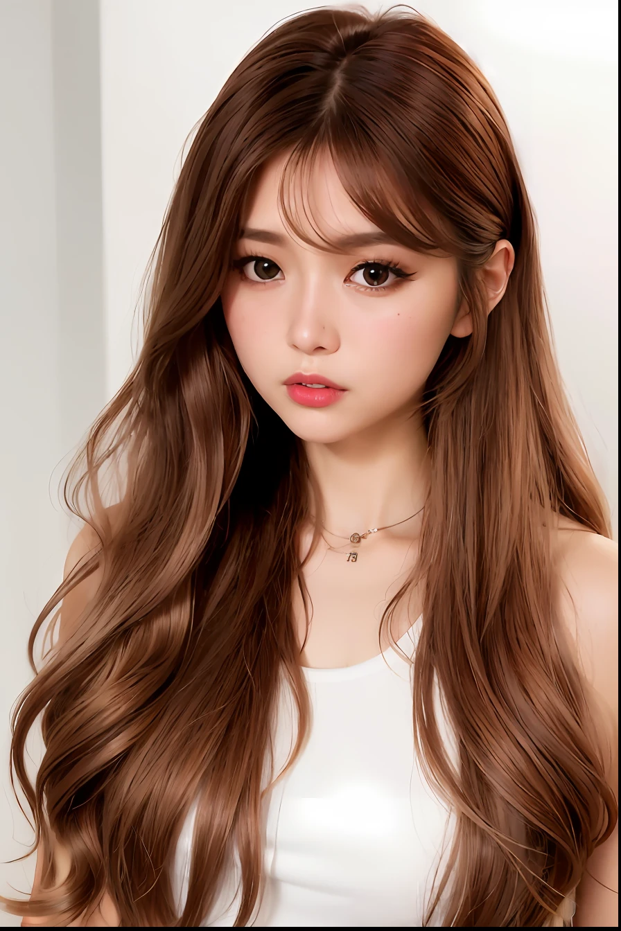 a close up of a woman with long hair wearing a white top, Asian girl with long hair, Light brown long wavy hair, light brown neat hair, Popular Korean Makeup, popular south korean makeup, light brown hair, brown colored long hair, Coral Brown Hair, beautiful Korean women, Gorgeous young Korean woman, brown flowing hair, Korean Girl, Beautiful young Korean woman