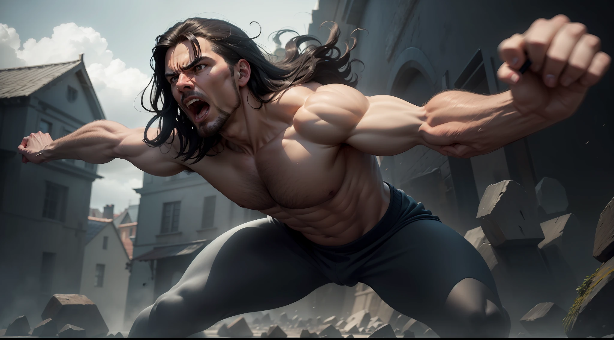 close up de homem forte, dinamic pose, inquebravel, in pose of will, gritando, de joelhos, gritando, com muita ira, Clint Cearley, arnold render,  (cinematografic:1.4), slate grey atmosphere, hiperdetalhada, tons suaves, detalhes insanos, baixo contraste, Demonstration of strength. referencia de pose: O grito - Edvard Munch