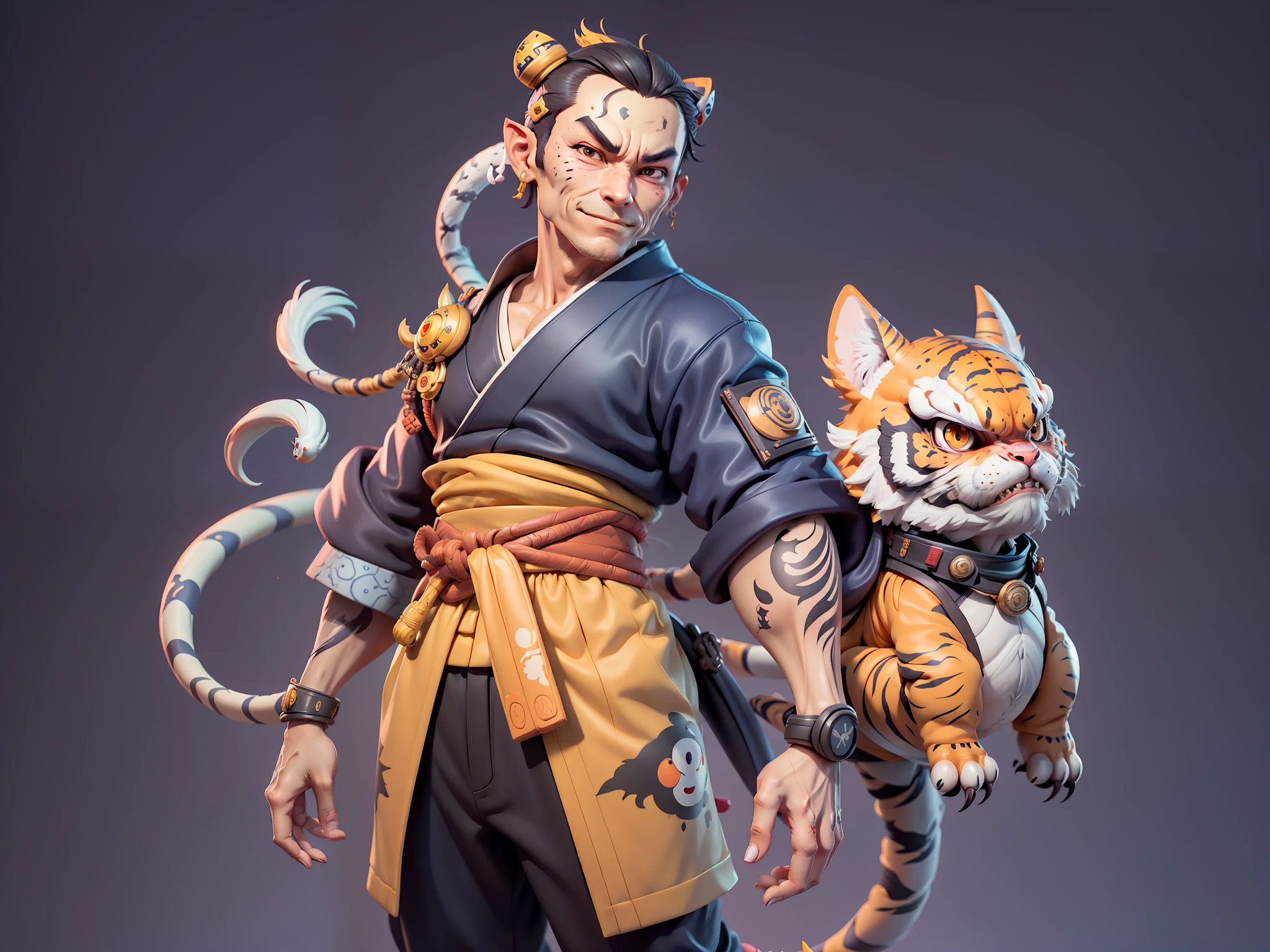 (Daisaku),(Need),(Super meticulous),(full bodyesbian:1.2),Japanese ukiyo-e girl,japanese geisha,Beautiful,Oriental dragon,one tiger,Aeolian Thor,Raised sexy,爆乳,Oriental face,TV Anchor,Bust portrait illustration,Alone,In black suit,a blue tie,The face is slightly chubby,The face was clean,without a beard,Black super short hair,Black eyes,Smile confidently,3C computer sub-products,iPad, iphone,Digital painting,3D character design by Mark Clairen and Pixar and Hayao Miyazaki and Akira Toriyama,The illustration is a high-definition illustration in 4K resolution,With very detailed facial features and cartoon-style visuals。