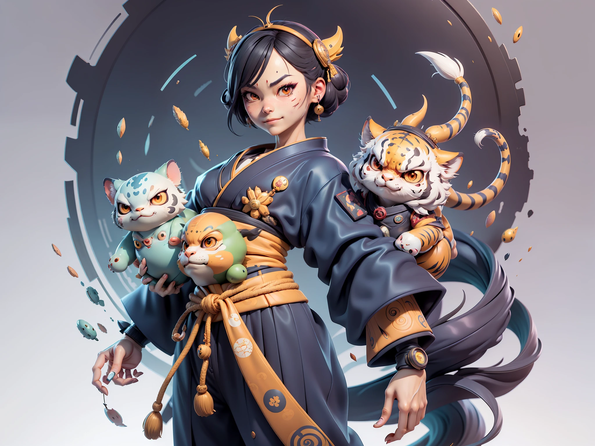 (Daisaku),(Need),(Super meticulous),(full bodyesbian:1.2),Japanese ukiyo-e girl，japanese geisha，Beautiful，Oriental dragon，one tiger，Aeolian Thor，Raised sexy，爆乳，Oriental face，TV Anchor，Bust portrait illustration，Alone，In black suit，a blue tie，The face is slightly chubby，The face was clean，without a beard，Black super short hair，Black eyes，Smile confidently，3C computer sub-products，iPad， iphone，Digital painting，3D character design by Mark Clairen and Pixar and Hayao Miyazaki and Akira Toriyama，The illustration is a high-definition illustration in 4K resolution，With very detailed facial features and cartoon-style visuals。