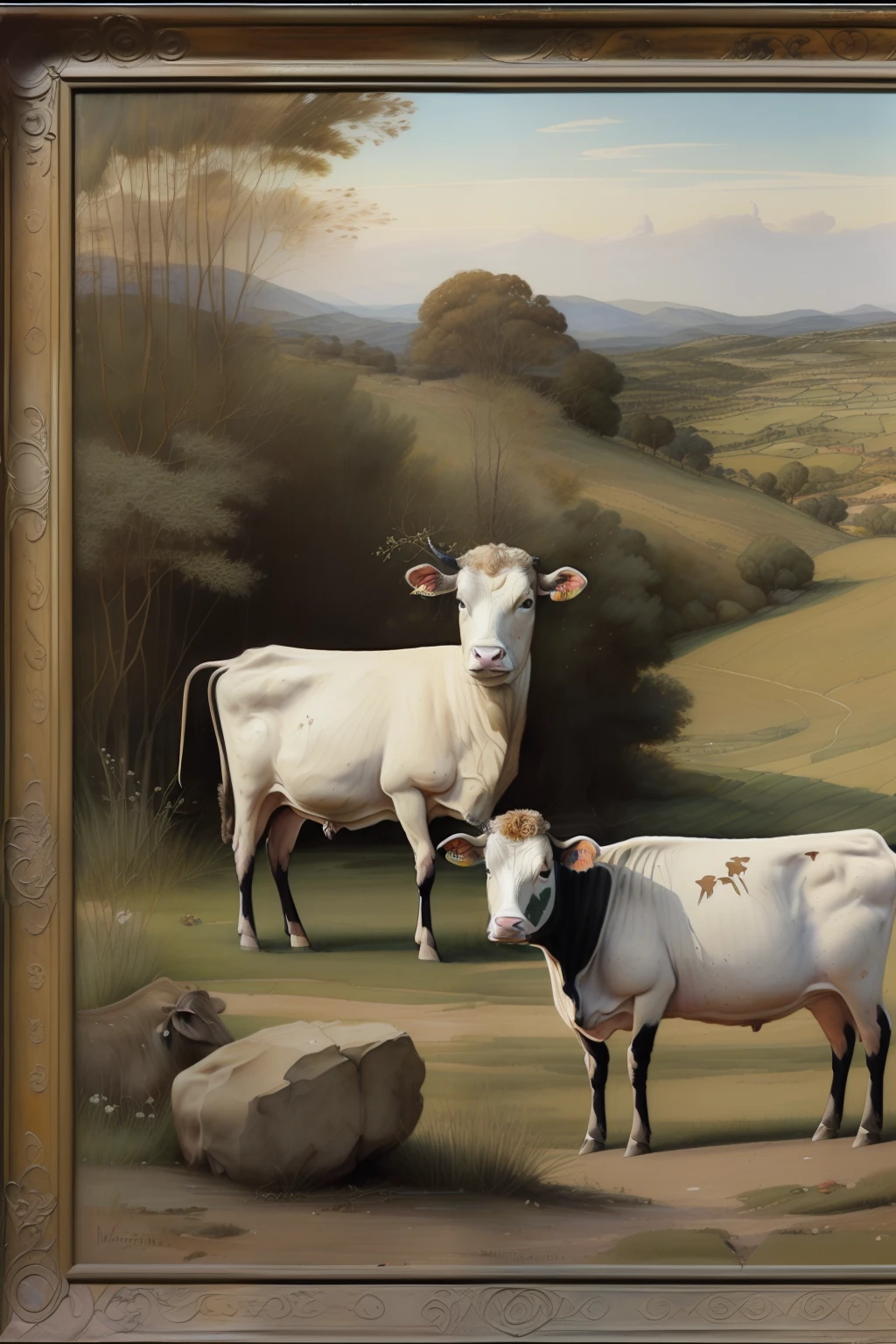 (((Pre-Raphaelite painting uma vacas pastando em um campo. pastagem, paisagem celta)))
