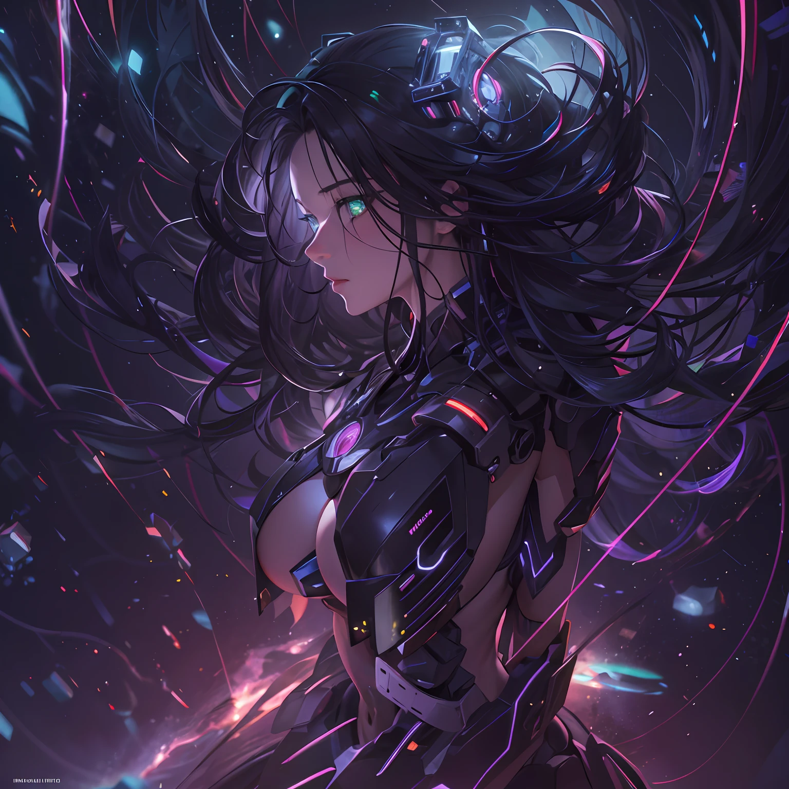 (Highres), 4K, 8K, Detailed Illustration, Ultra-Detailed, Ambient Light, Backlighting, Realistic Shadows, Glowing Particles, Digital Art, Detailed Face, Detailed Hair, Hyper-Detailed Eyes, Soft Light, Soft Lighting, mature face, milf, huge hips, full body, full body portrait, highly detailed face, Mecha, cosmic body, aura, metallic Articulation, dark hair ,glowing veins, steaming_body, glowing aura, green eyes, dark room full of cables, dark studio