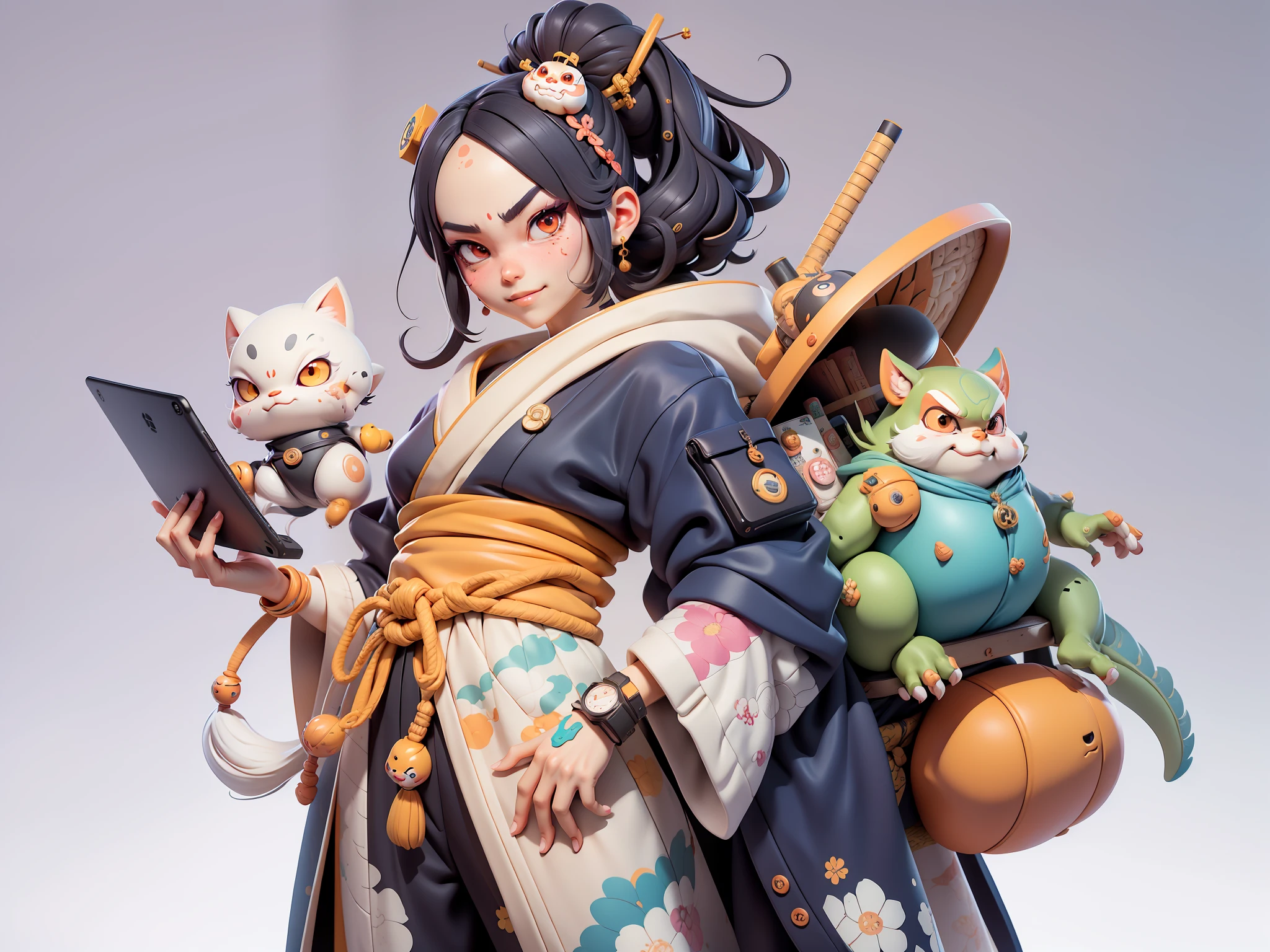 (Daisaku),(Need),(Super meticulous),(full bodyesbian:1.2),Japanese ukiyo-e girl,japanese geisha,Beautiful,Oriental dragon,Aeolian Thor,Raised sexy,爆乳,Oriental face,TV Anchor,Bust portrait illustration,Alone,In black suit,a blue tie,The face is slightly chubby,The face was clean,without a beard,Black super short hair,Black eyes,Smile confidently,3C computer sub-products,iPad, iphone,Digital painting,3D character design by Mark Clairen and Pixar and Hayao Miyazaki and Akira Toriyama,The illustration is a high-definition illustration in 4K resolution,With very detailed facial features and cartoon-style visuals。