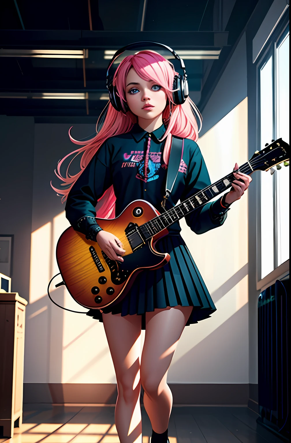((1girl)), ((cinematic light)), colorful, hyper detail, dramatic light, intricate details, best quality, (extremely detailed CG unity 8k wallpaper, masterpiece, best quality, ultra-detailed, best shadow), (detailed background:1.4), (beautiful detailed face, beautiful detailed eyes), High contrast, (best illumination, an extremely delicate and beautiful),(girl:1.5), solo, black skirt, blue eyes, electric guitar, guitar, headphones, holding, holding plectrum, instrument, long hair, music, one side up, pink hair, playing guitar, pleated skirt, black shirt, indoors ((caustic)), dynamic angle,beautiful detailed glow,full body, cowboy shot,