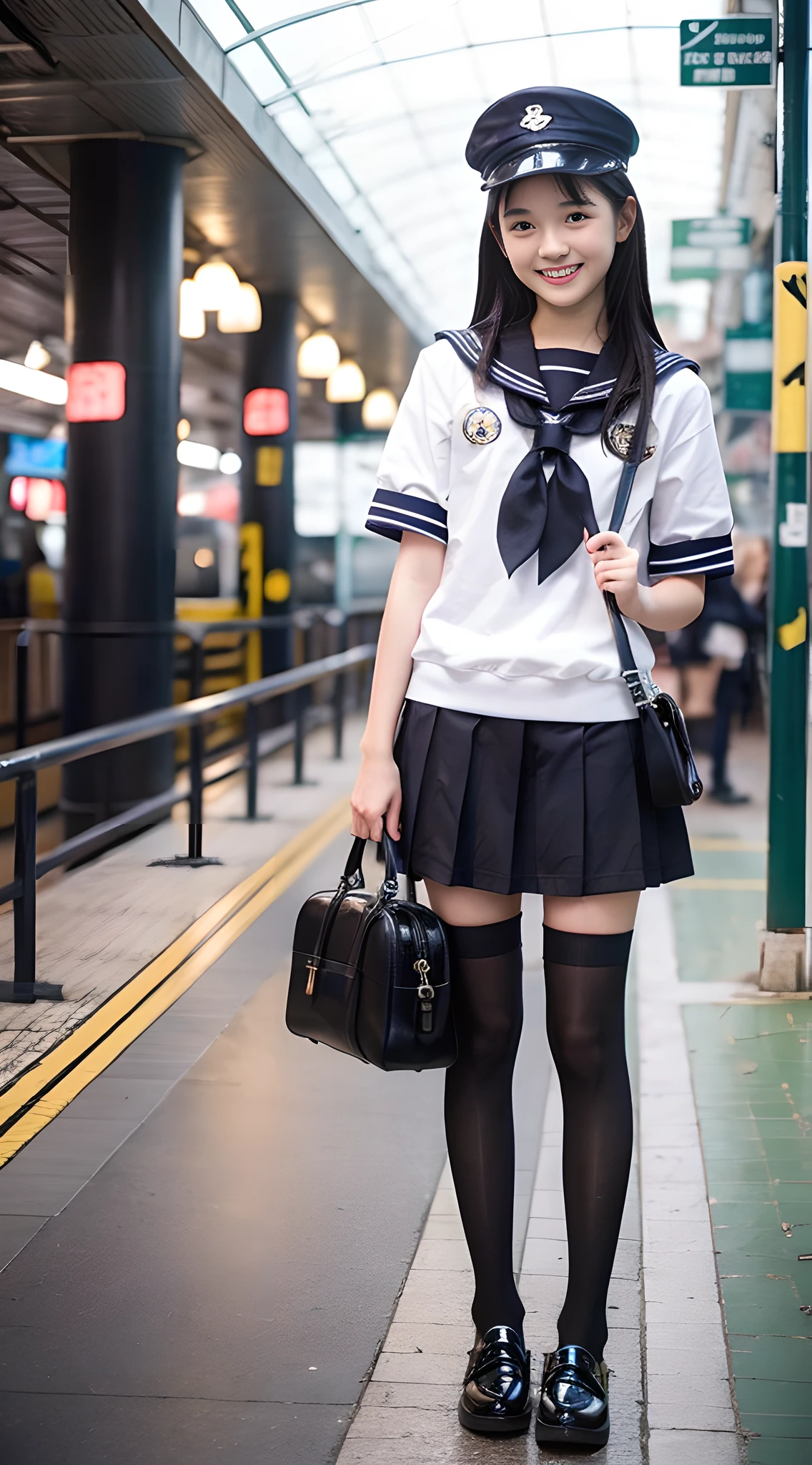 1girl, Cute, black-haired, , Smile, Looks pure, Sailor Suit, Photography, Realistic, Best Quality, Detailed face, Full body, slender, Slender legs, Long legs, Wearing thigh-high socks, shoes on, station platform, carrying a school bag,