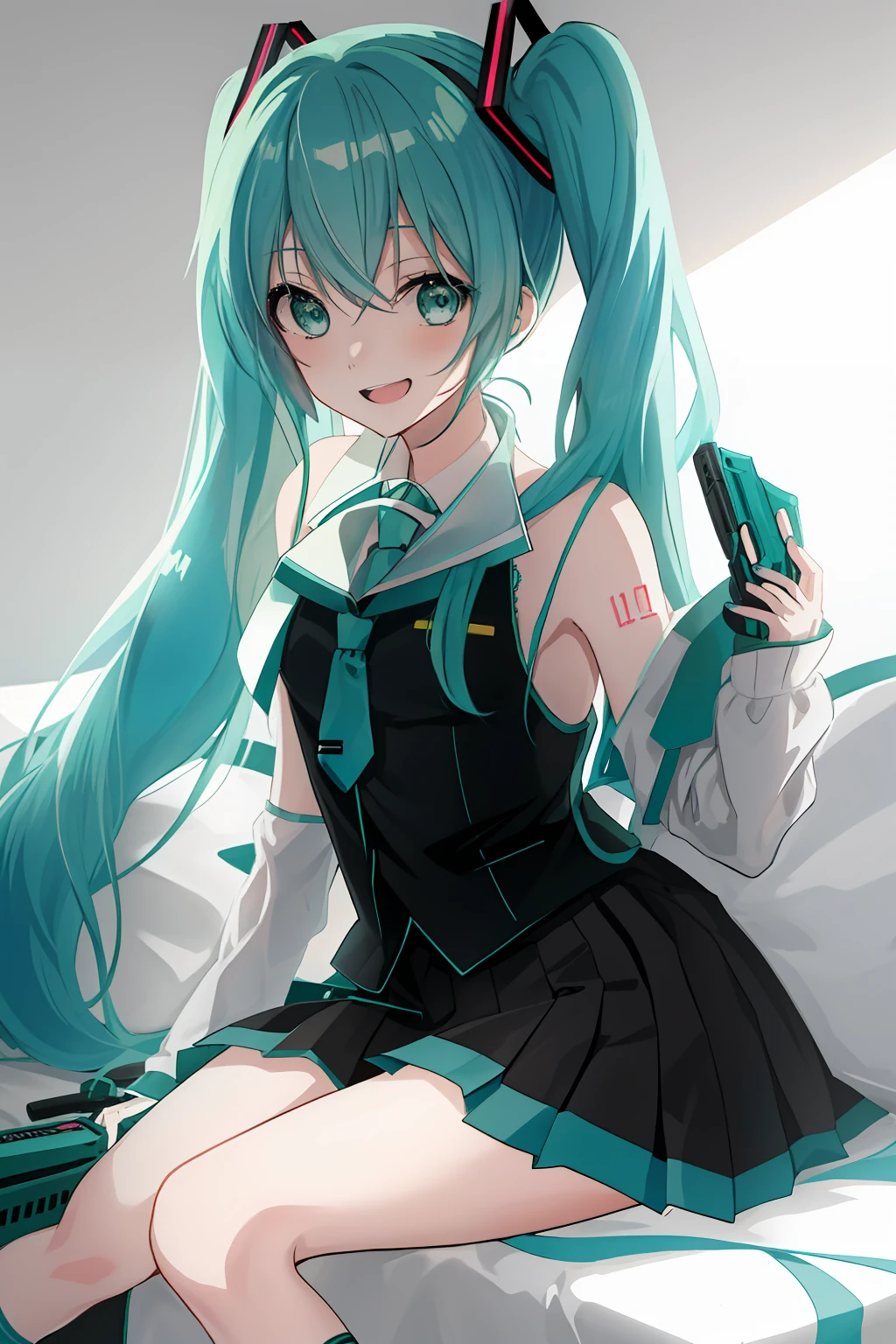 Anime girl with blue and green hair and gun sitting on bed, anya from spy x family, anime girl with long blue hair and a white shirt and black skirt, Hatsune Miku, Portrait of Hatsune Miku, Hatsune Miku short hair, vocaloid, hatsune miku portrait, Os amigos, mikudayo, Anime girl with teal hair, Hatsune Miku cosplay, hatsune miku face, style of anime4 K, An anime girl, attractive anime girls