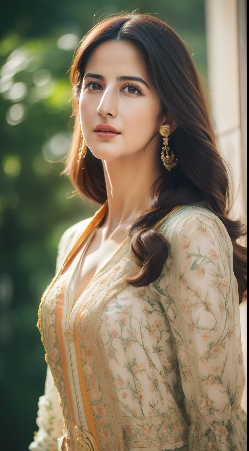 A beautiful woman  ((Katrina kaif:1.2)) in intricate Bold and Bright Florals Outfit, sharp focus, Nikon Z 85mm, unparalleled masterpiece, ultra-realistic 8k photos, best quality, masterpiece, (photorealistic:1.2), (realistic:1.5), (hyperrealistic:1.2),(realistic human skin:1.6), (detailed clothes features), (High Quality: 1.2), Raw photo, (Perfect body shape), Uniform, Unobtrusive,