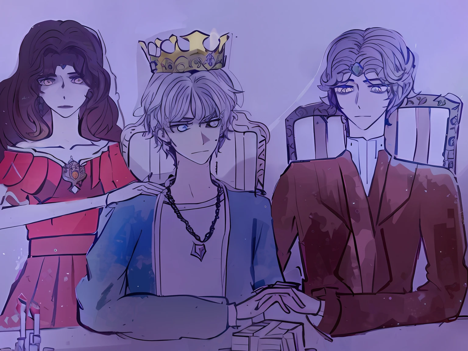 Draw several people sitting on chairs,with a crown on her head, three futuristic princes, royal family during an argument, High-quality fanart, Celebrate the coronation of the king, Lizard King / The Queen forgives, coronation of the flower prince, castle scene manga, highly detailed exquisite fanart, inspired by Ib Eisner, sitting in a gilded throne