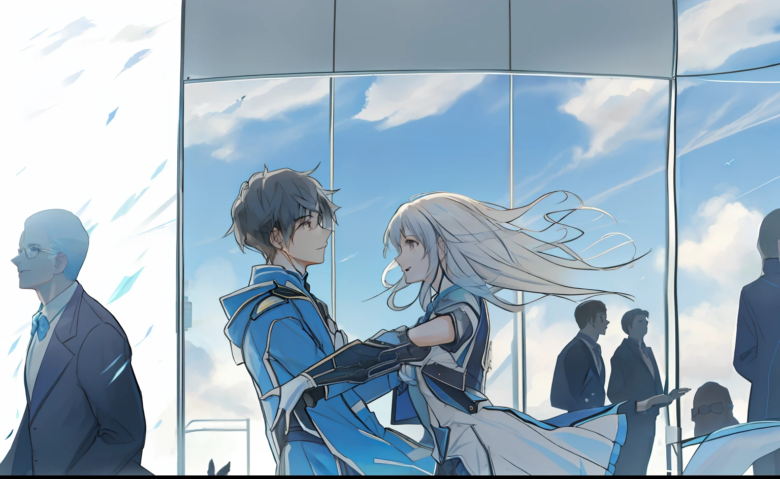 a young man and a woman，Look at each other，hands spread wide，The skirt flutters，Hair soars，aerodrome，Boarding gate，glass，with blue sky and white clouds，Figure